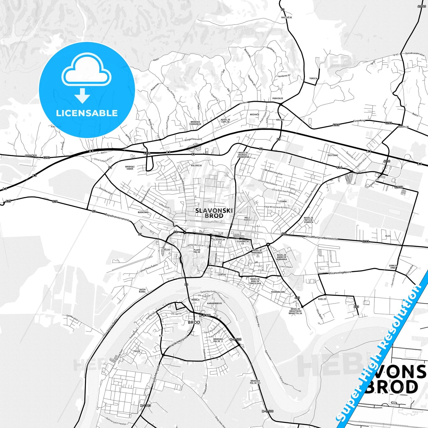 Slavonski Brod, Croatia Light Map with Street Names, City Names, and Districts