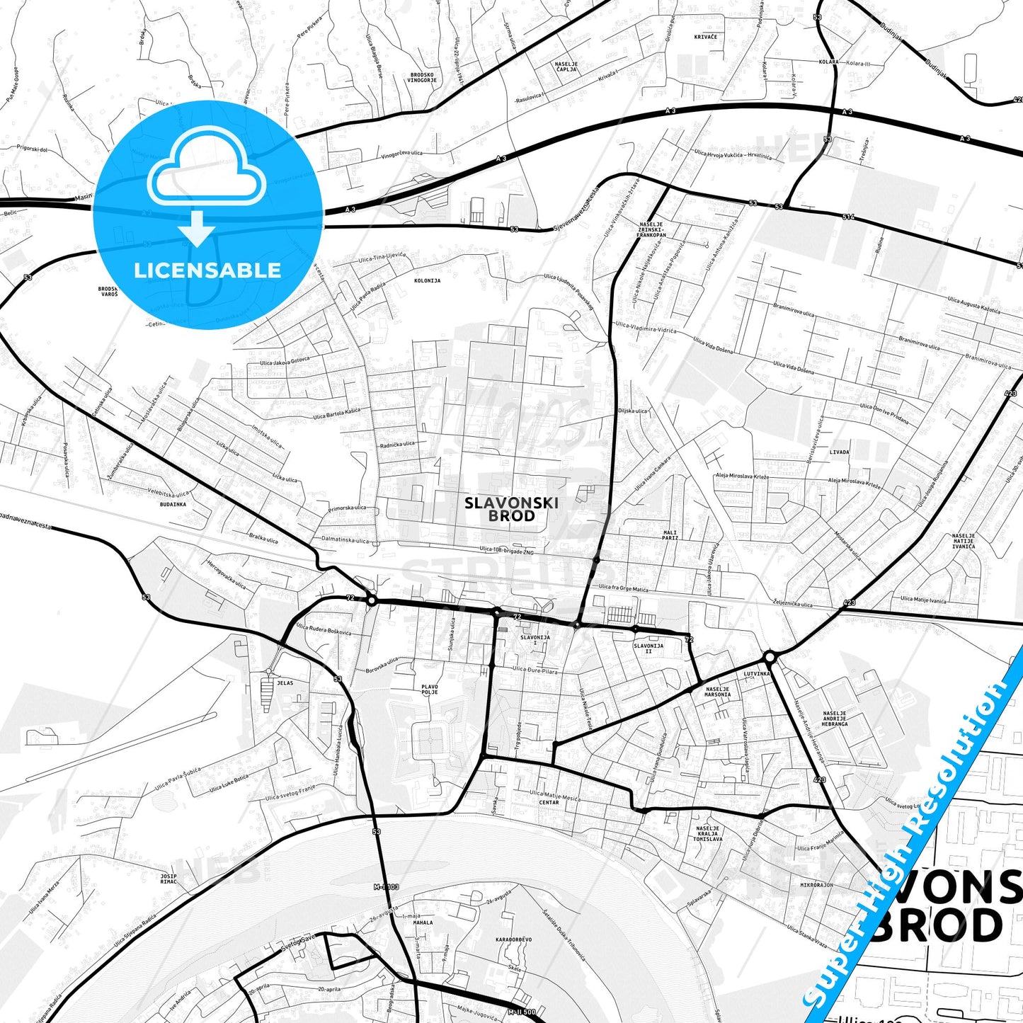 Slavonski Brod, Croatia Light Map with Street Names, City Names, and Districts
