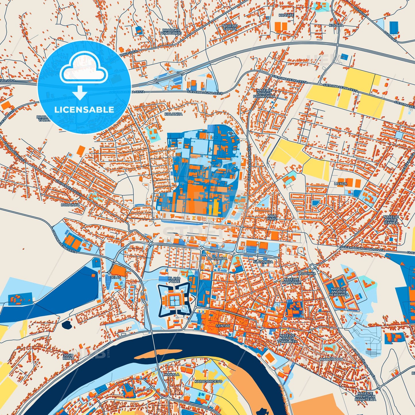 Colorful Slavonski Brod Street Map with Labels and Buildings