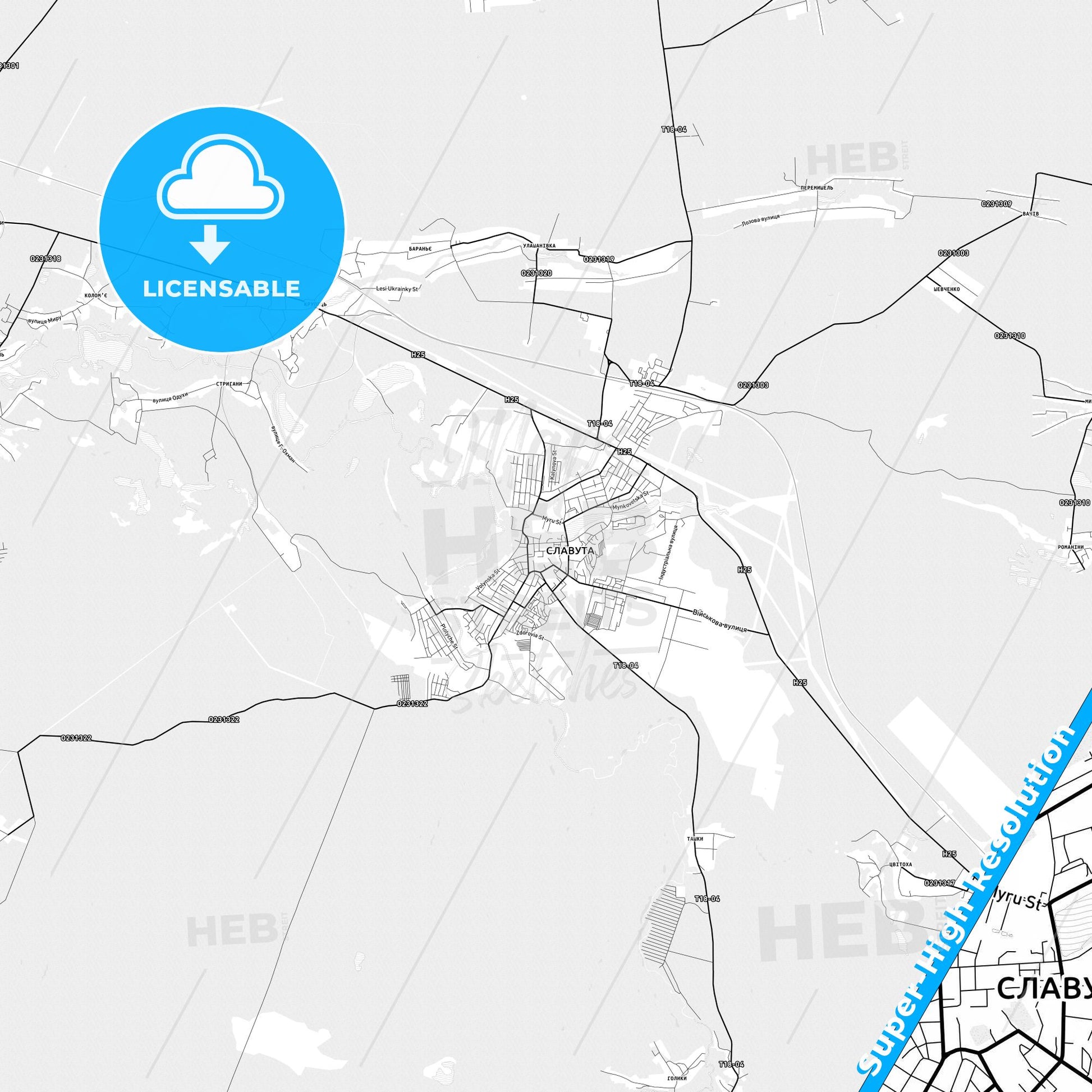 Slavuta, Ukraine light map with streetnames, citynames and districts