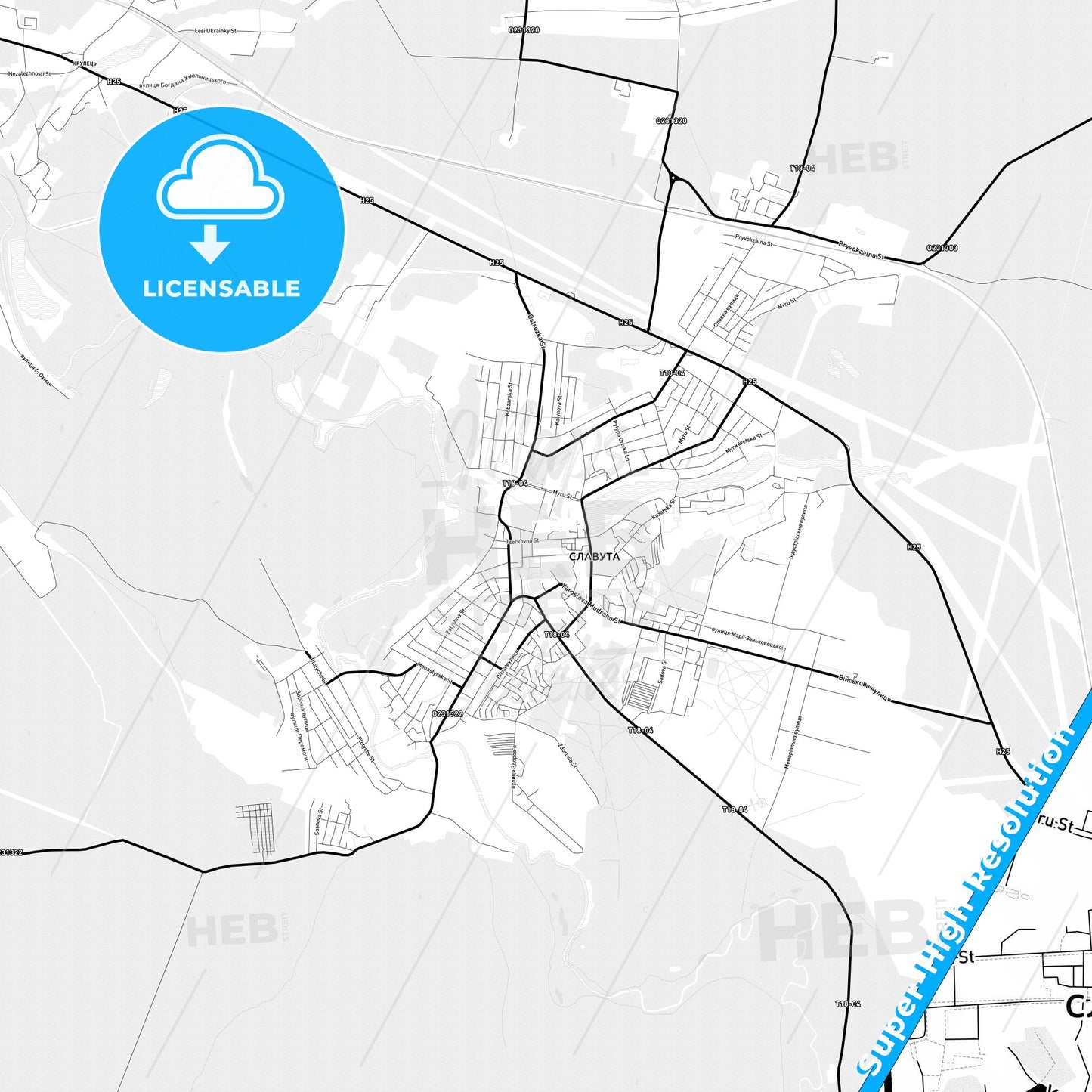 Slavuta, Ukraine Light Map with Street Names, City Names, and Districts