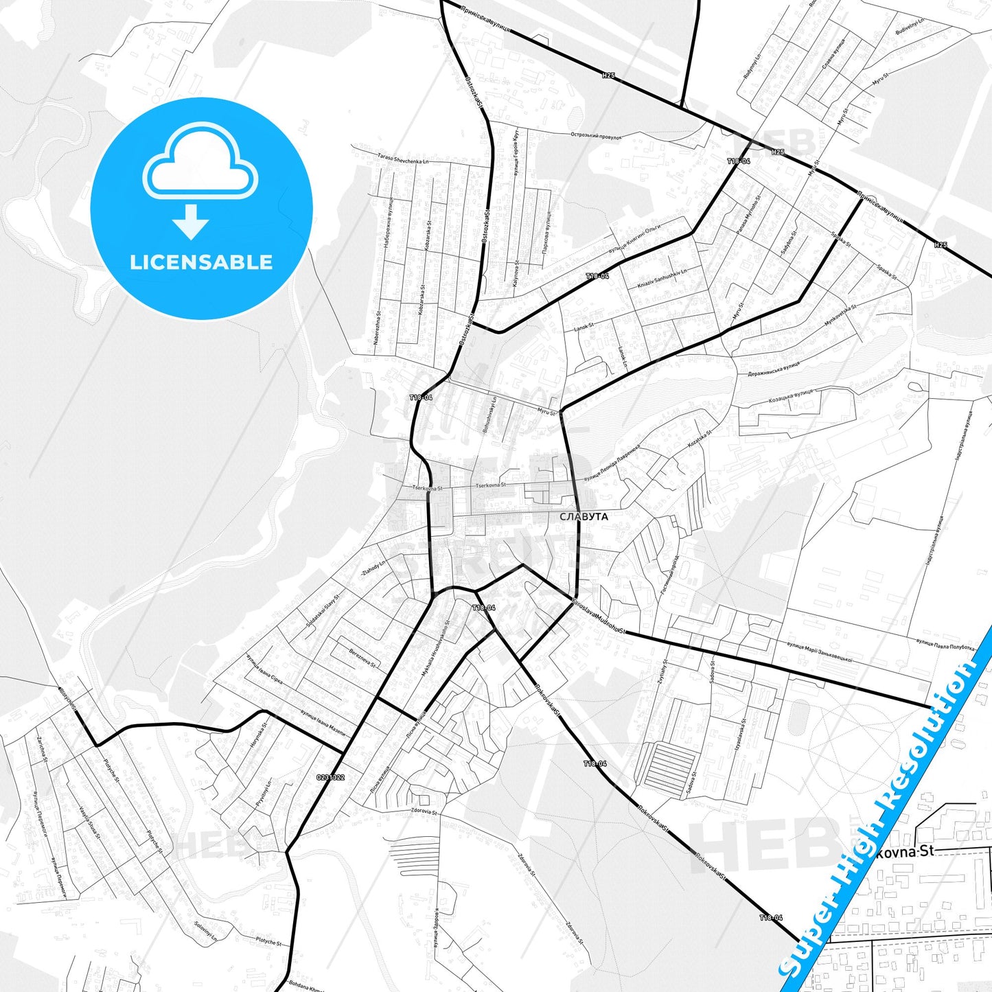 Slavuta, Ukraine Light Map with Street Names, City Names, and Districts