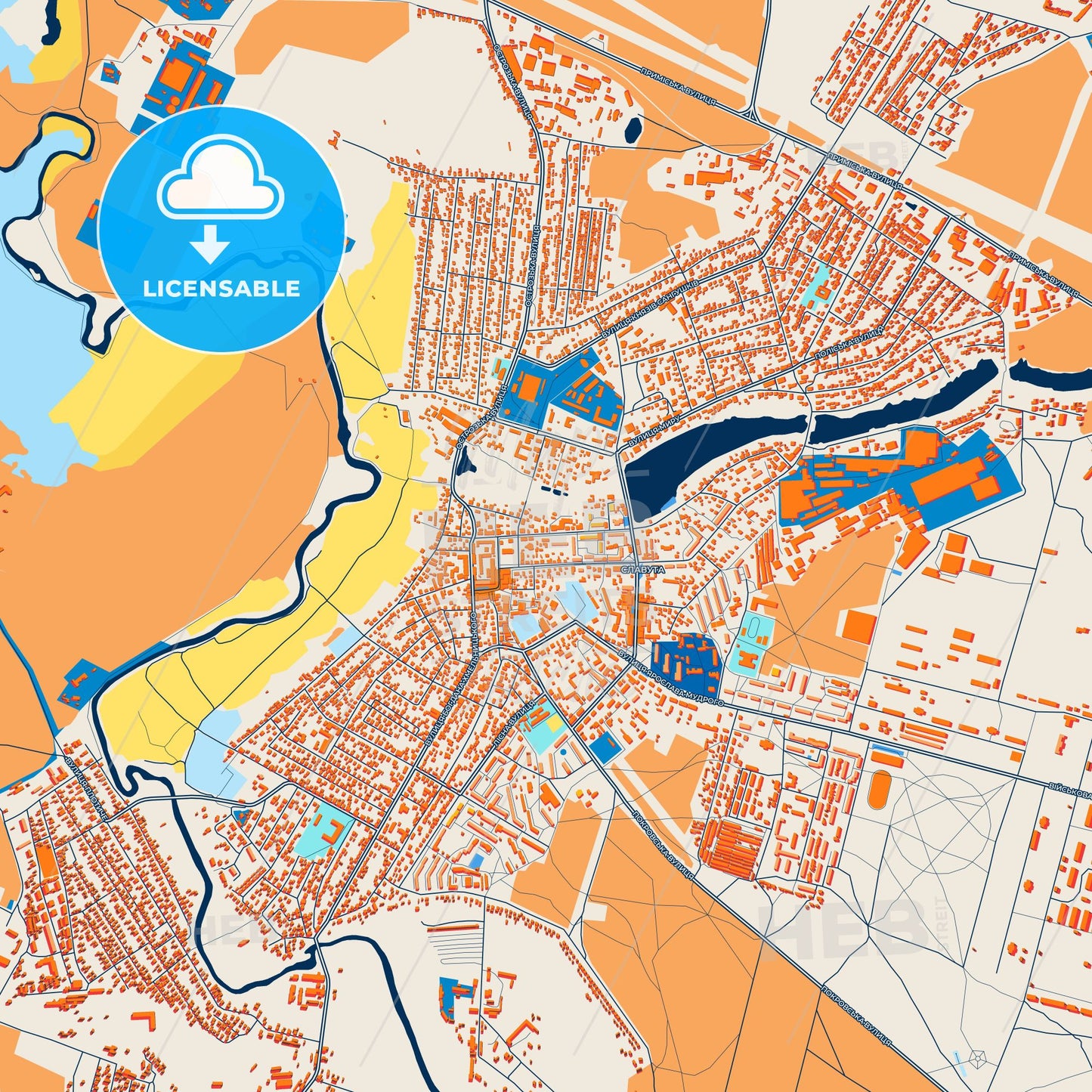 Colorful Slavuta Street Map with Labels and Buildings