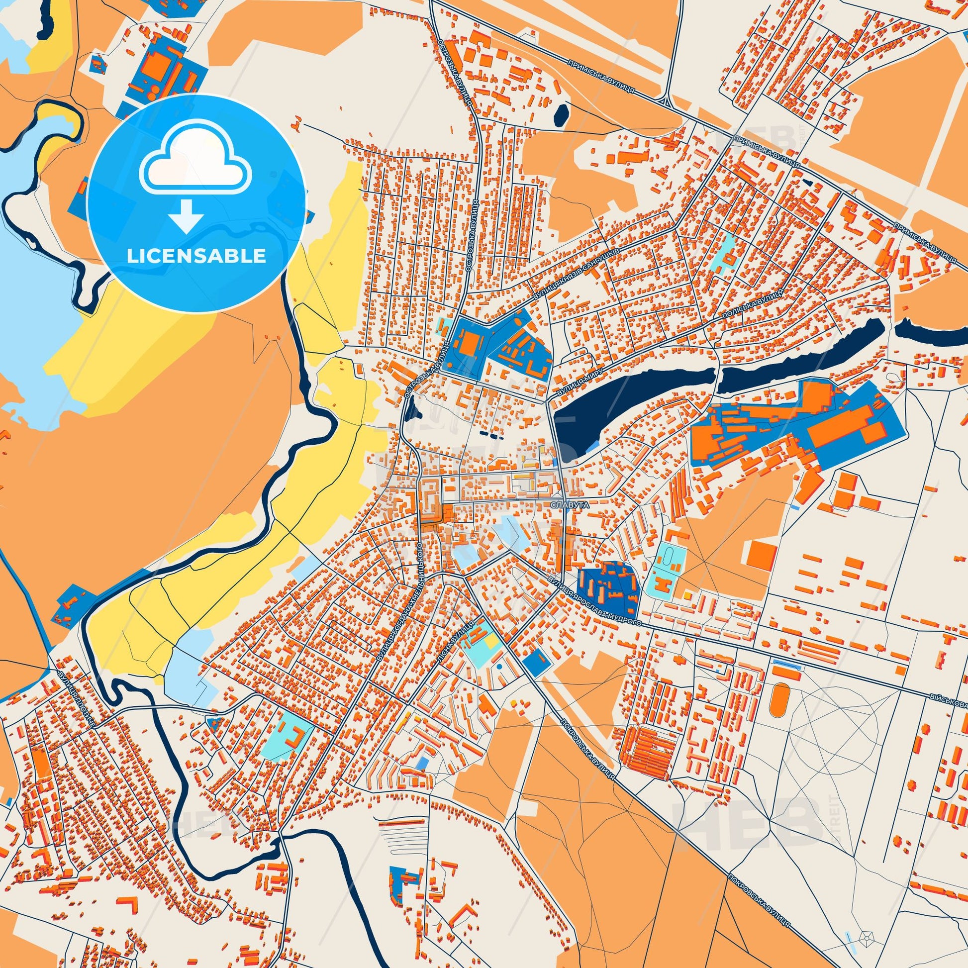 Colorful Slavuta Street Map with Labels and Buildings