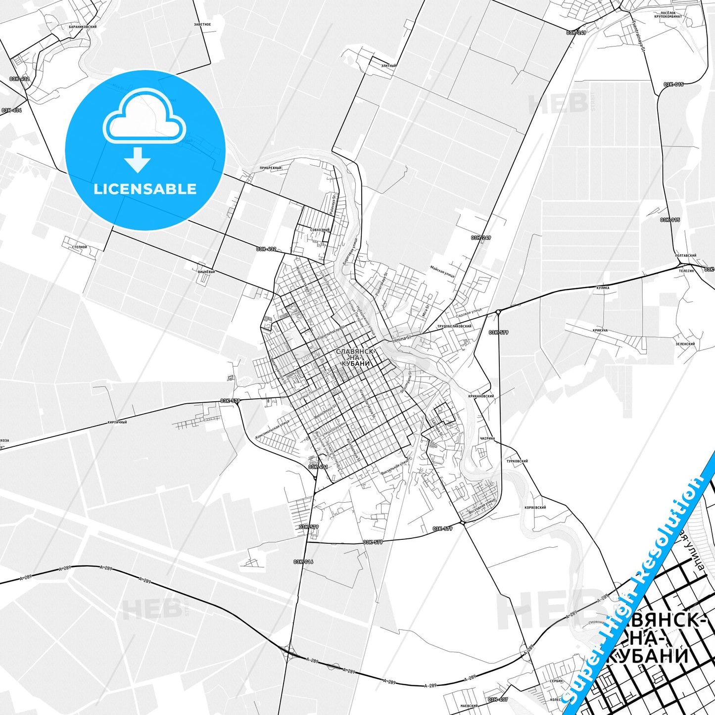 Slavyansk-na-Kubani, Russia light map with streetnames, citynames and districts