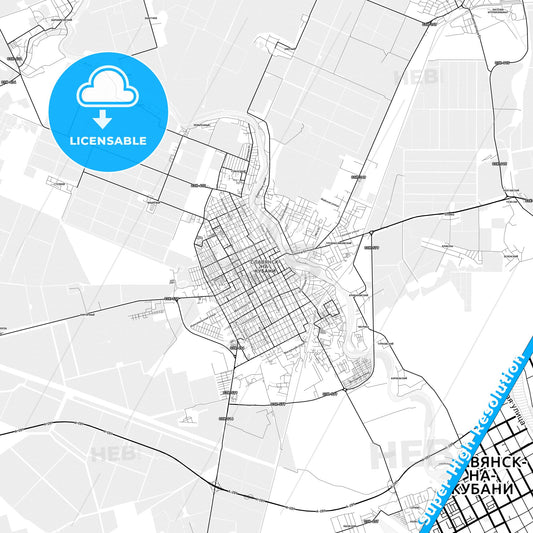 Slavyansk-na-Kubani, Russia light map with streetnames, citynames and districts