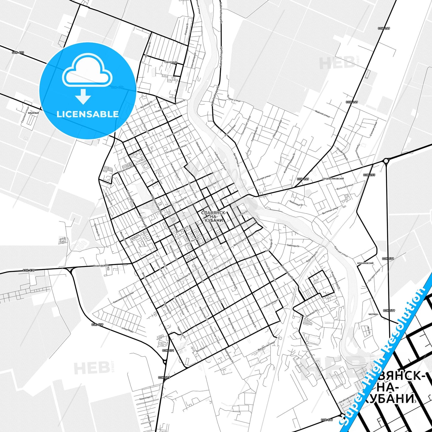 Slavyansk-na-Kubani, Russia Light Map with Street Names, City Names, and Districts
