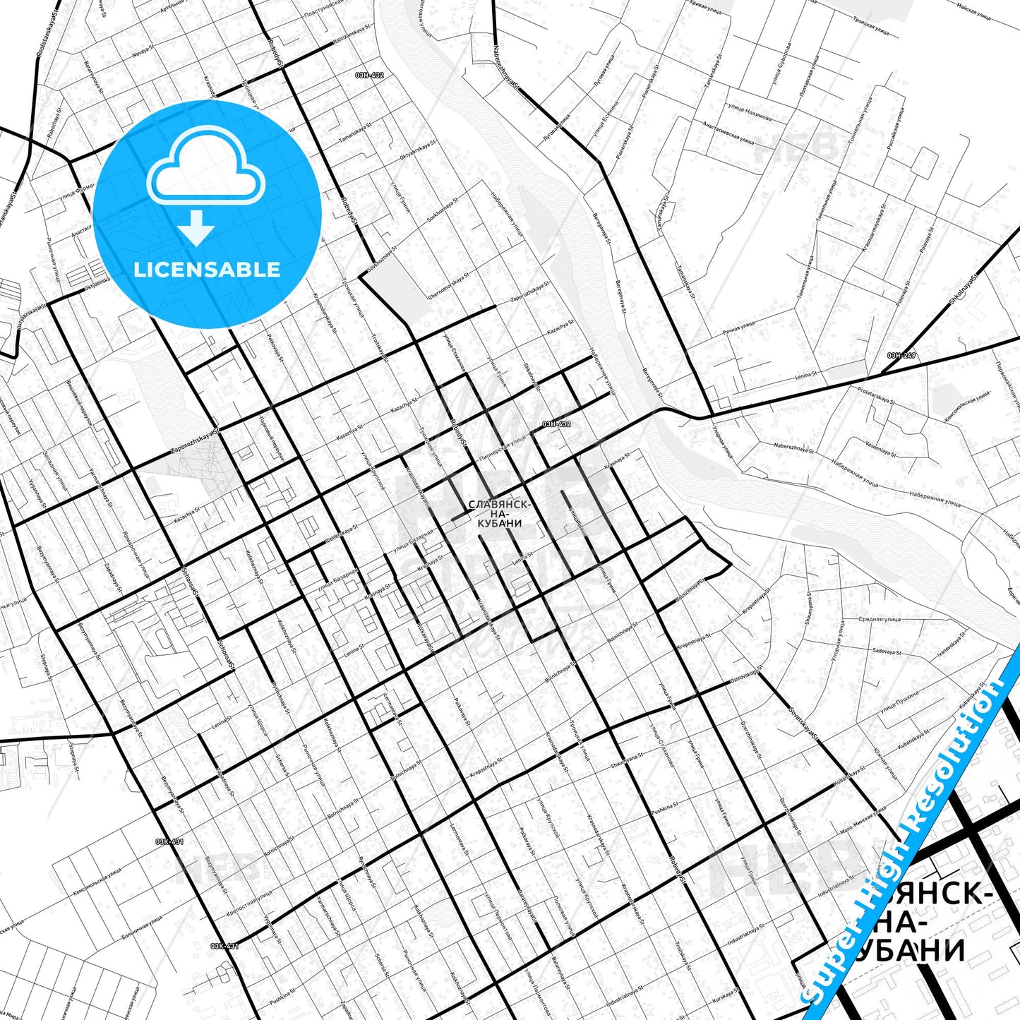 Slavyansk-na-Kubani, Russia Light Map with Street Names, City Names, and Districts