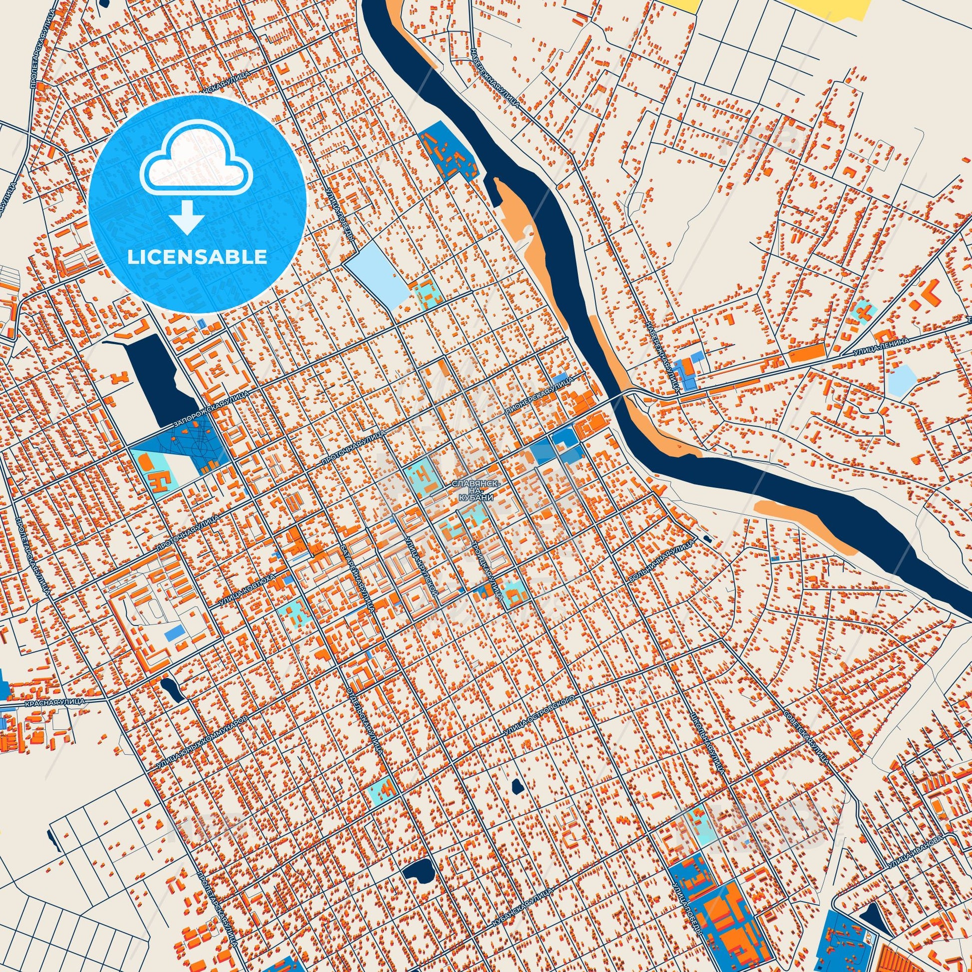 Colorful Slavyansk-na-Kubani Street Map with Labels and Buildings