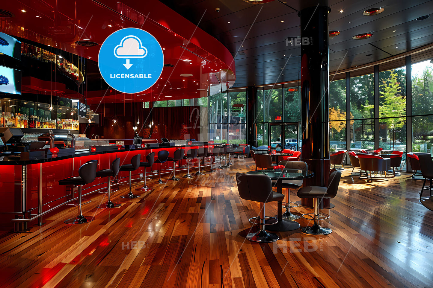 Vibrant Basketball-Themed Restaurant Interior with Striking Red Decor and Eye-Catching Art