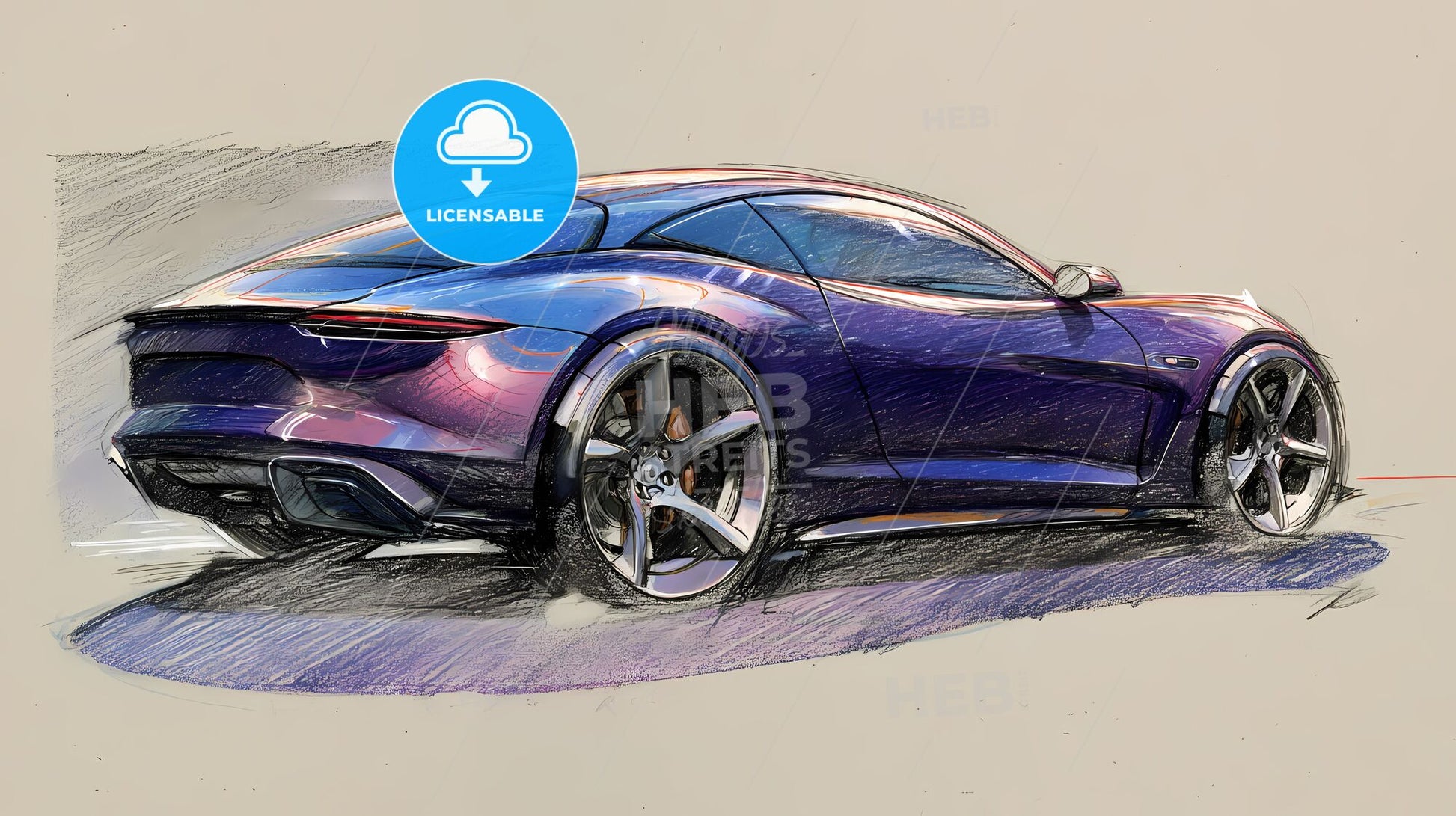 Sleek Purple & Blue Sports Car: Dynamic Pencil Sketch on Classic White