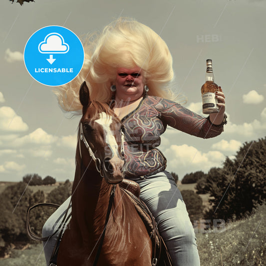 slightly weathered and worn polaroid of an fat - A woman with big hair on a horse holding a bottle