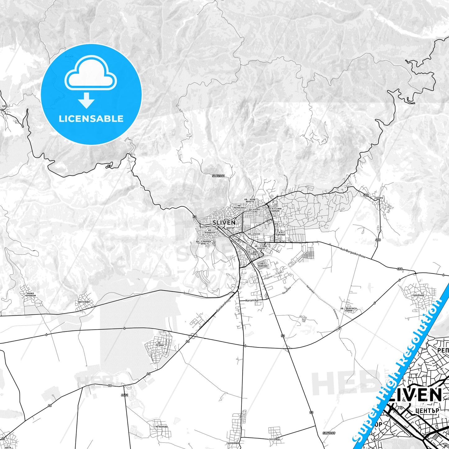 Sliven, Bulgaria light map with streetnames, citynames and districts