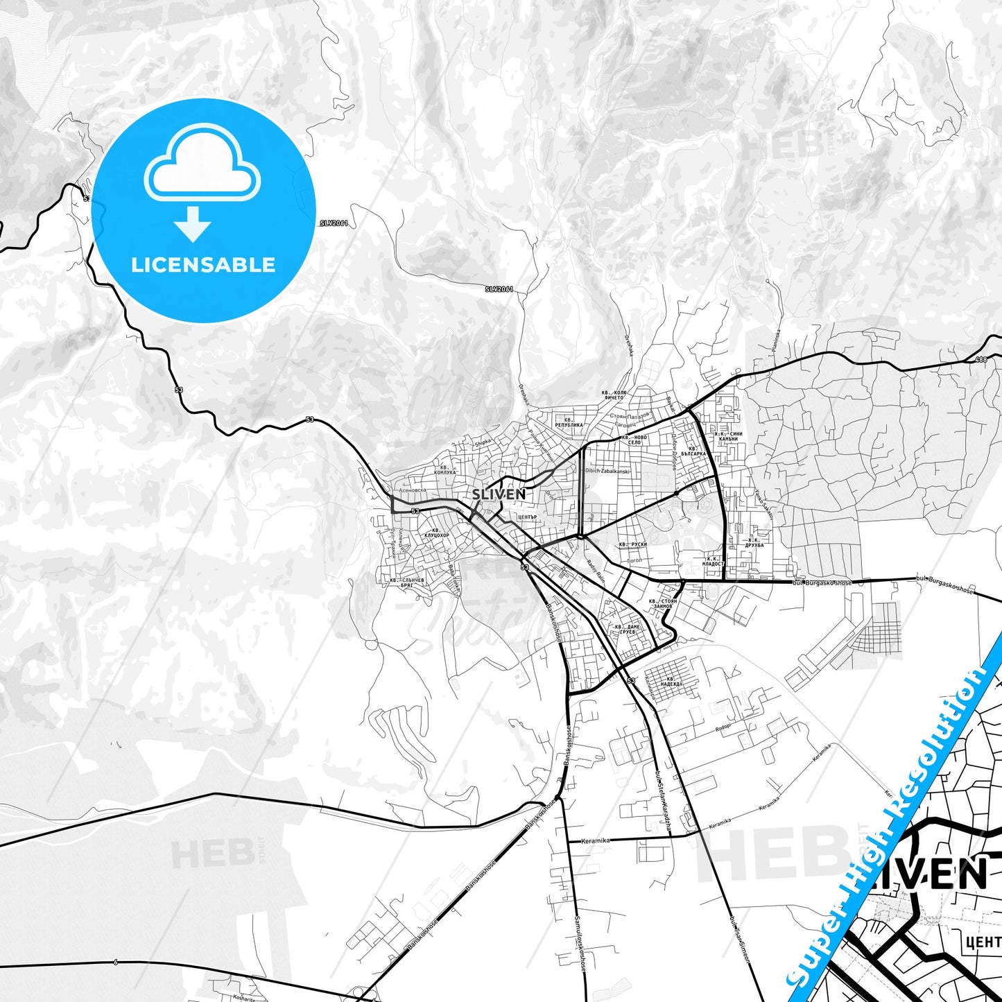 Sliven, Bulgaria Light Map with Street Names, City Names, and Districts