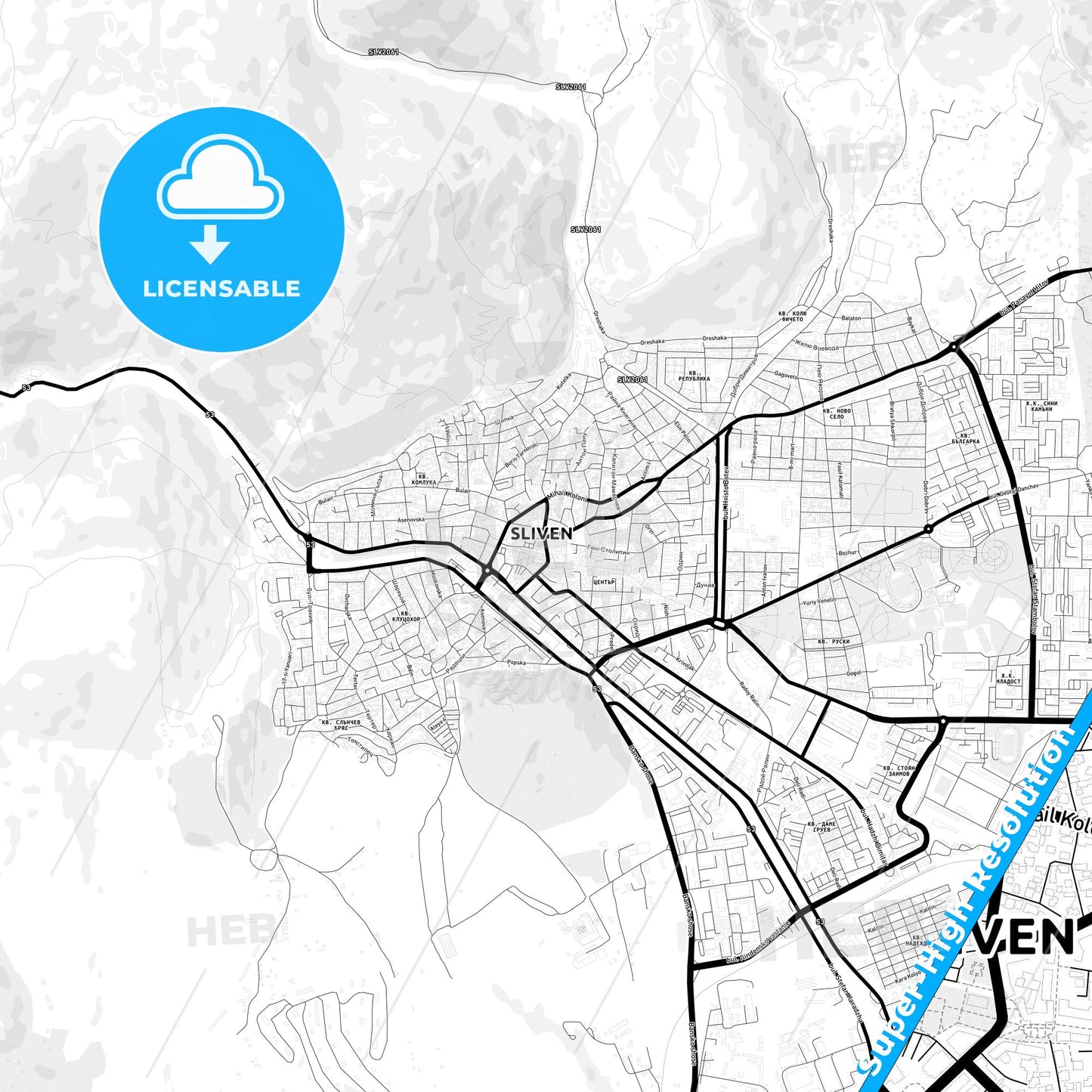 Sliven, Bulgaria Light Map with Street Names, City Names, and Districts