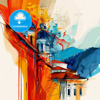 Vibrant Сливен, Bulgaria - A Painting Of A Building With A Steeple And Mountains In The Background