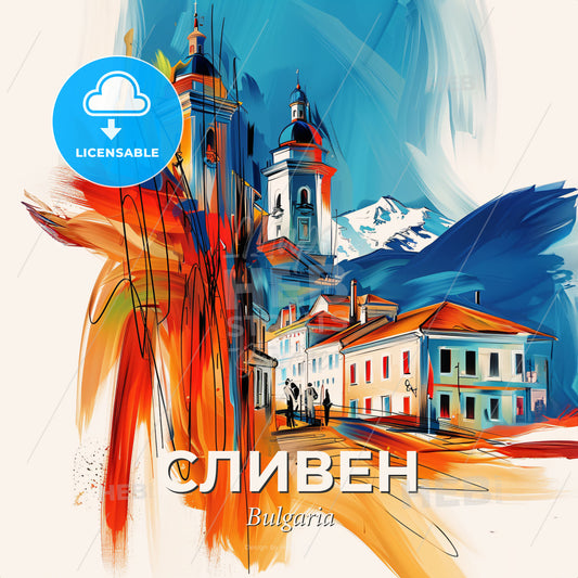 Vibrant Сливен, Bulgaria - A Painting Of A Building With A Mountain In The Background - Square format print template