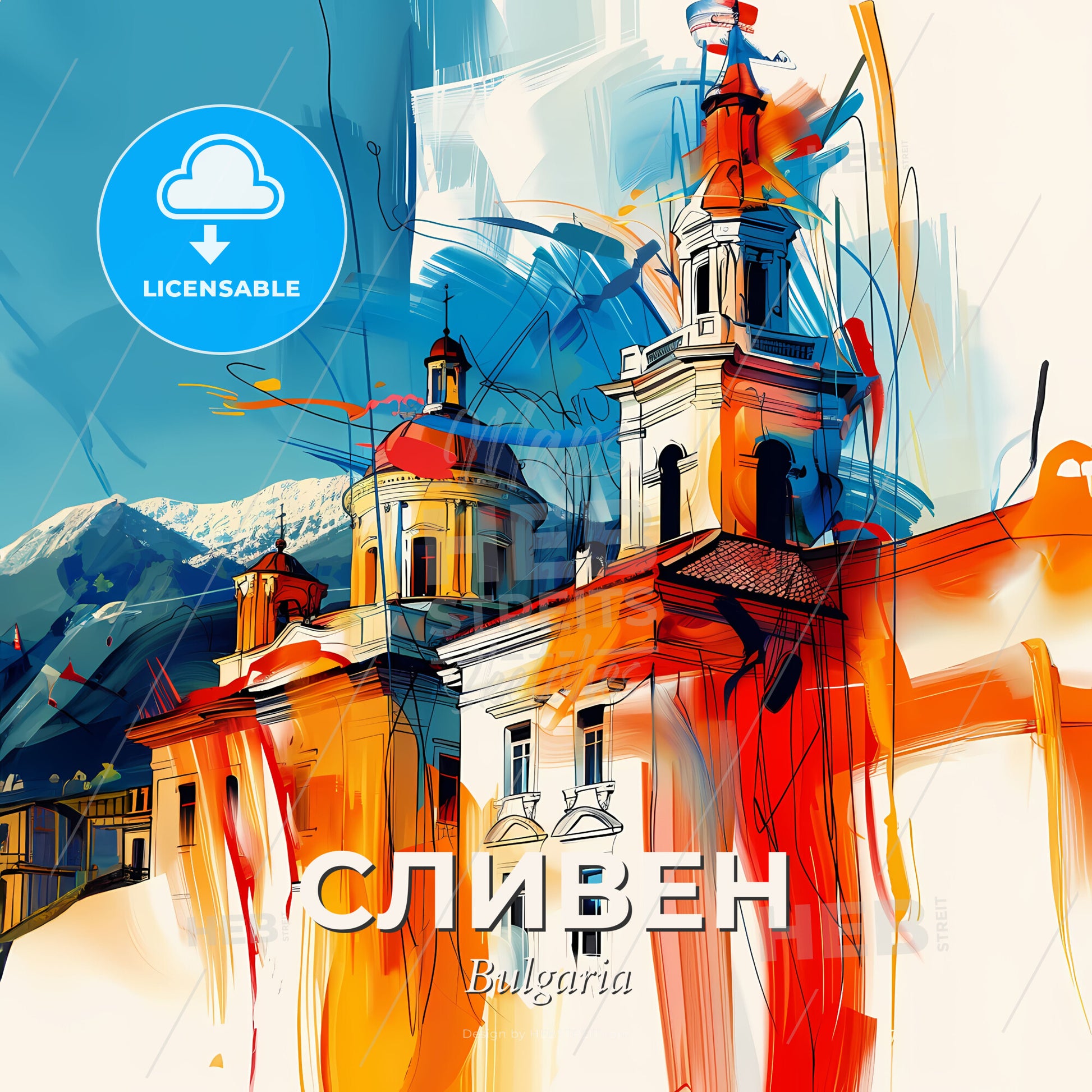 Vibrant Сливен, Bulgaria - A Painting Of A Building With A Mountain In The Background - Square format print template