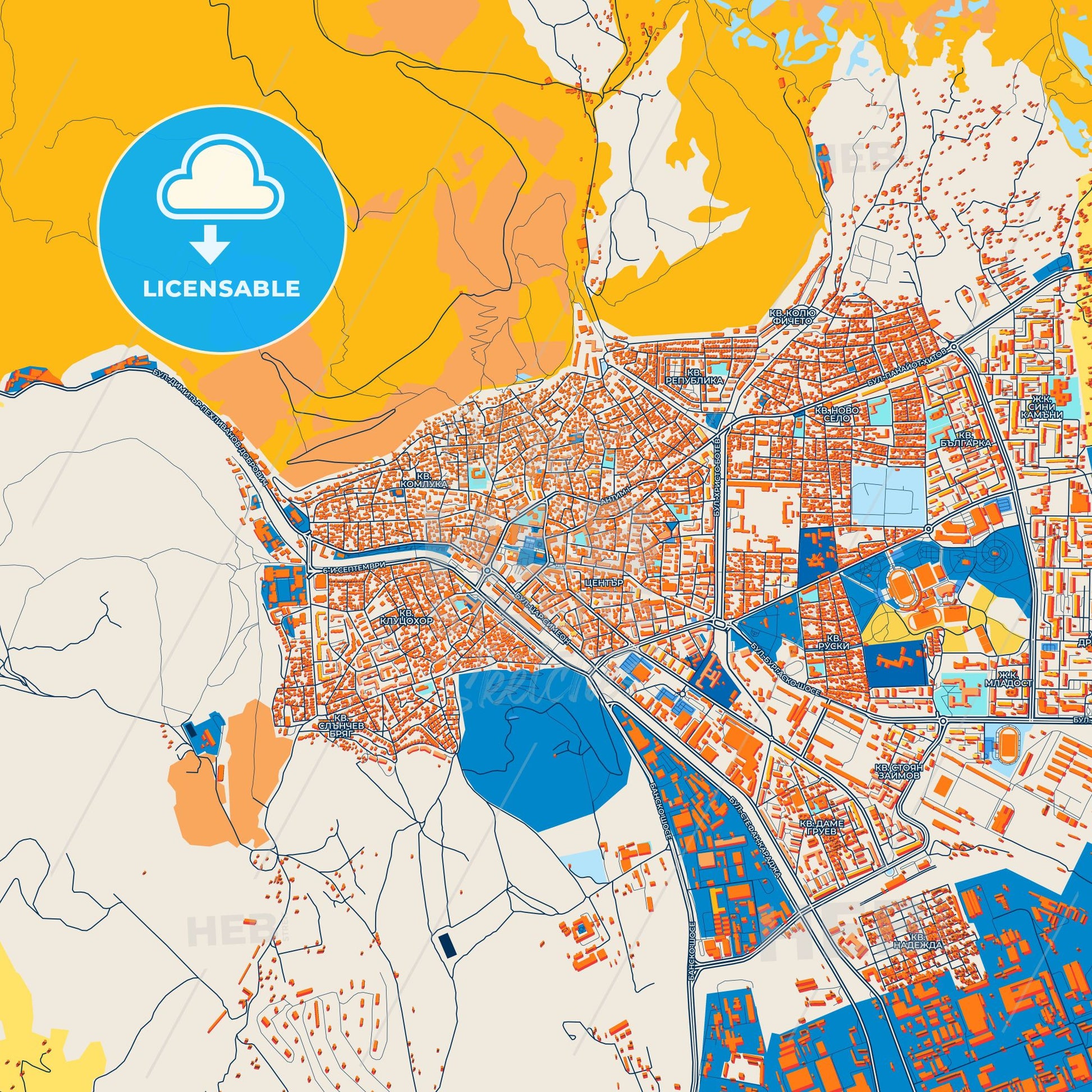 Colorful Sliven Street Map with Labels and Buildings