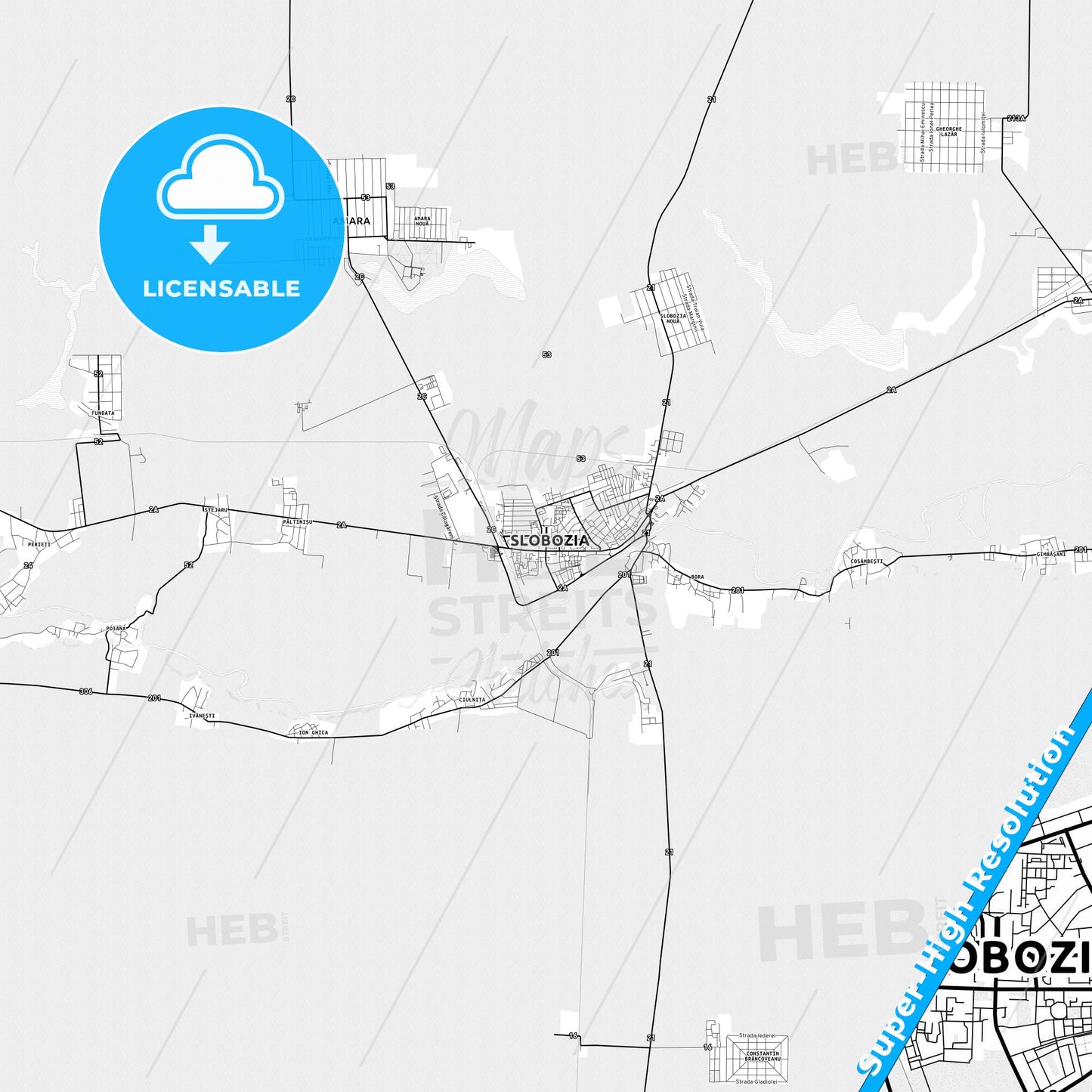 Slobozia, Romania light map with streetnames, citynames and districts