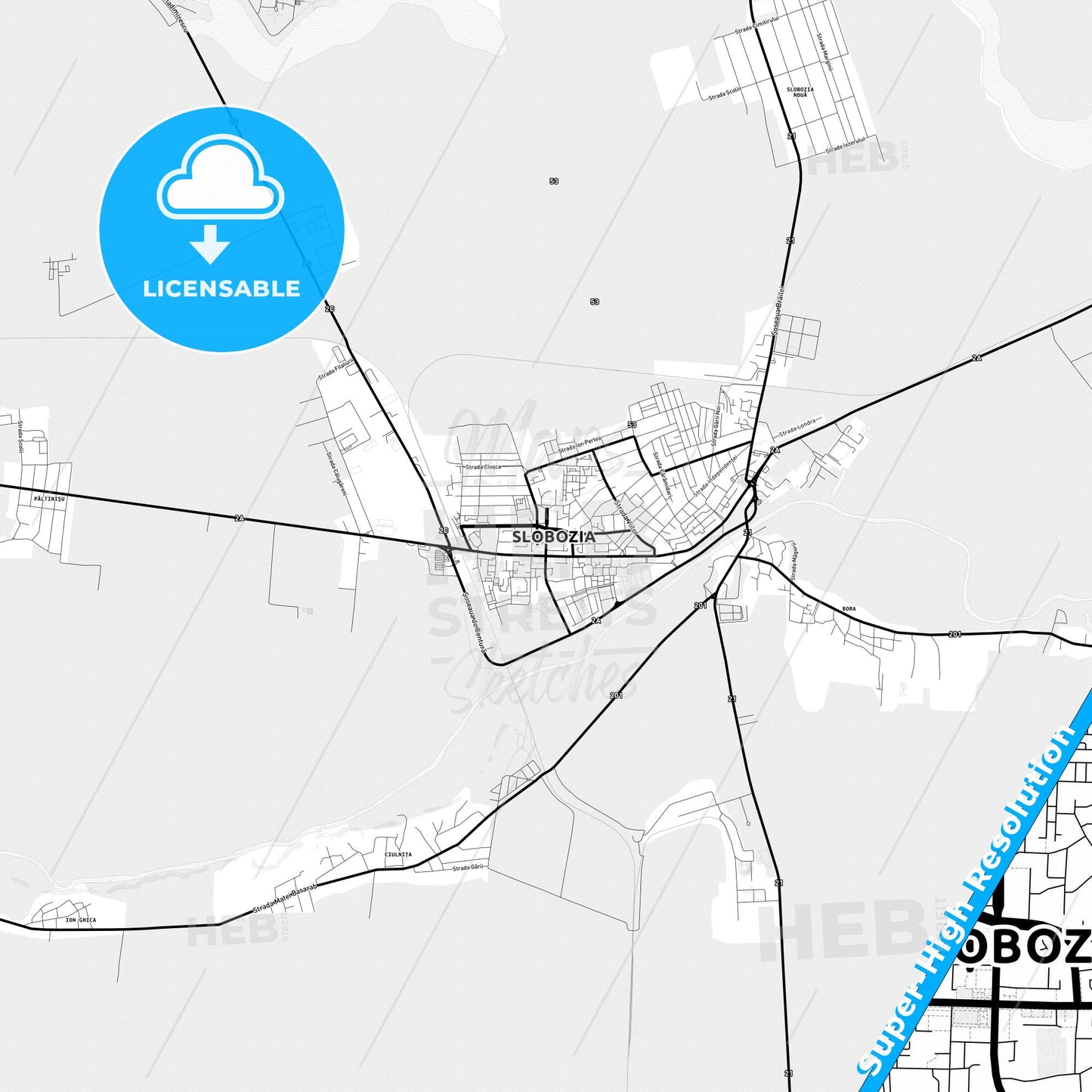 Slobozia, Romania Light Map with Street Names, City Names, and Districts