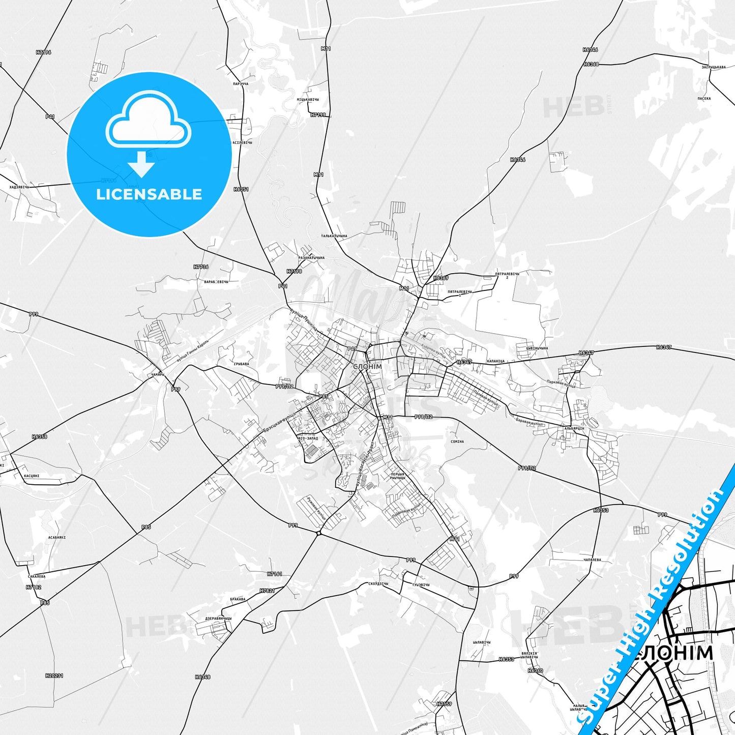 Slonim, Belarus light map with streetnames, citynames and districts
