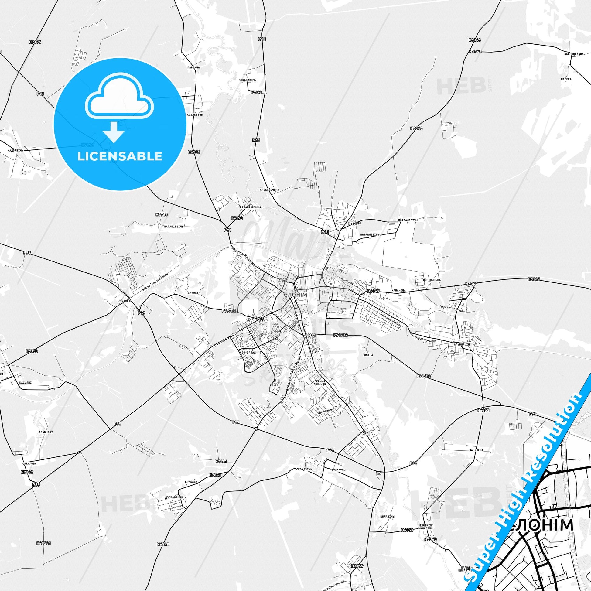 Slonim, Belarus light map with streetnames, citynames and districts