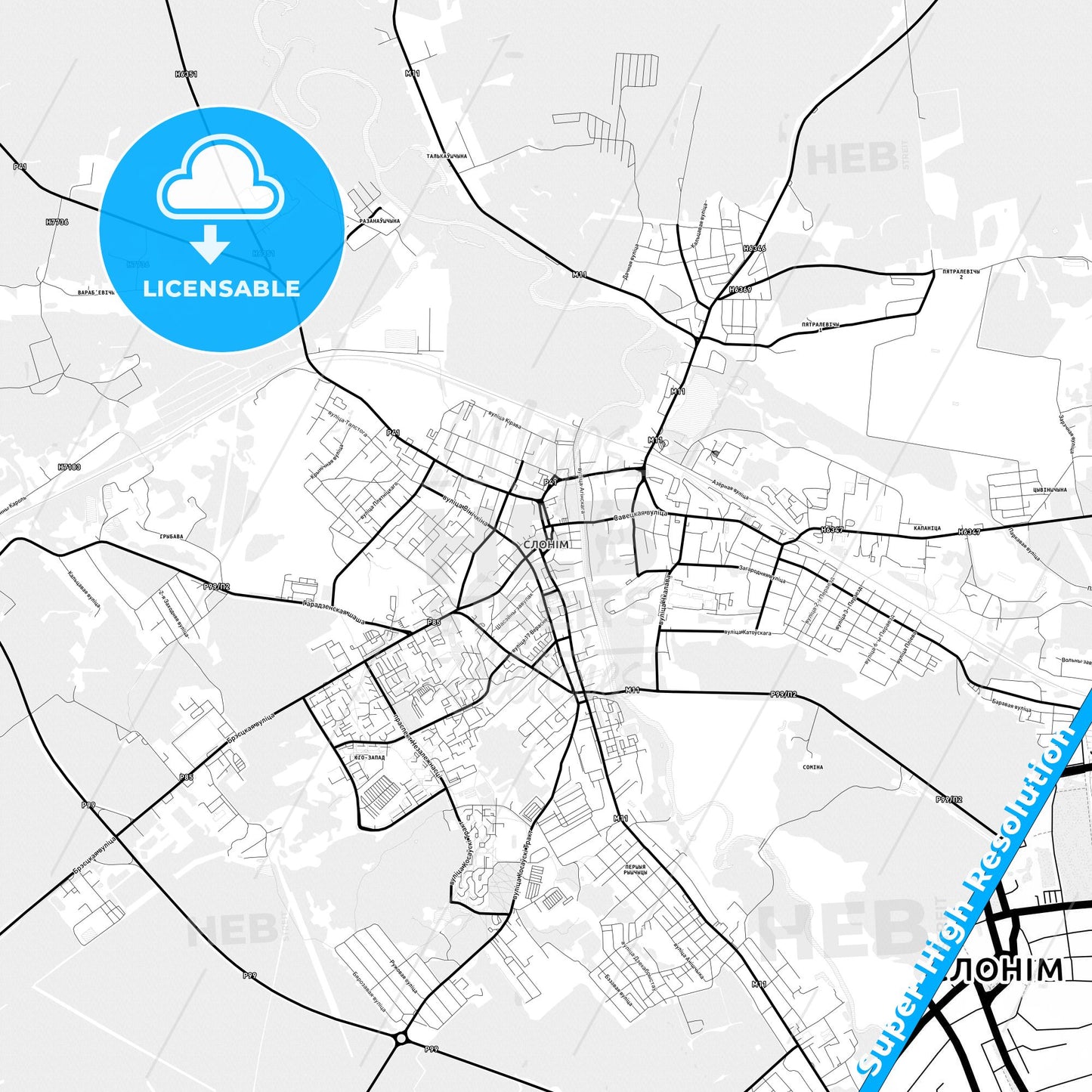 Slonim, Belarus Light Map with Street Names, City Names, and Districts