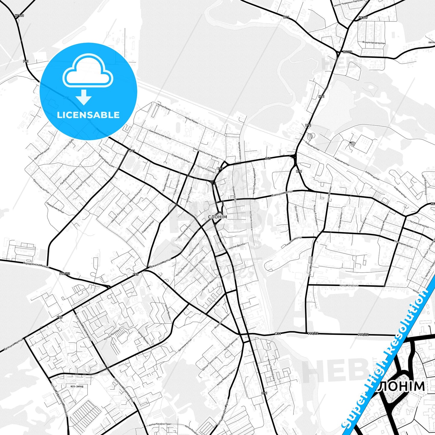 Slonim, Belarus Light Map with Street Names, City Names, and Districts