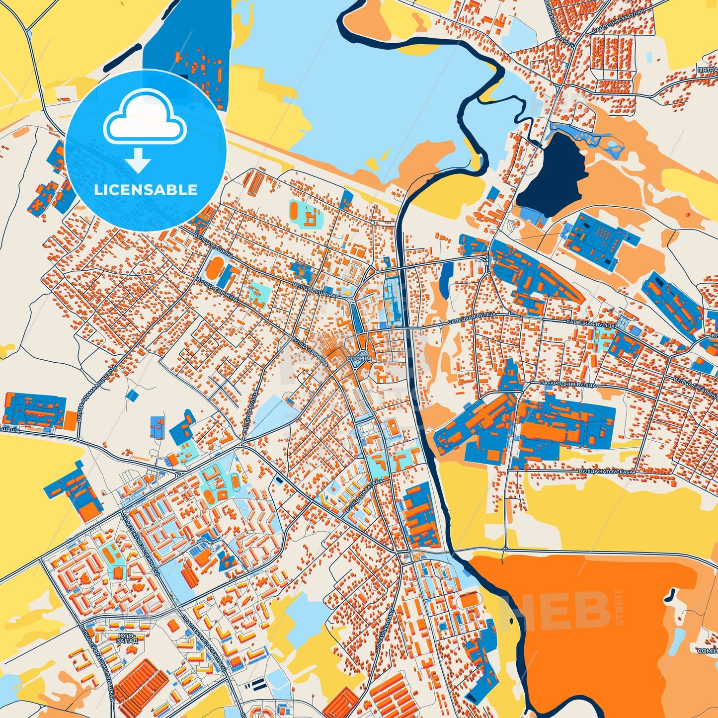 Colorful Slonim Street Map with Labels and Buildings
