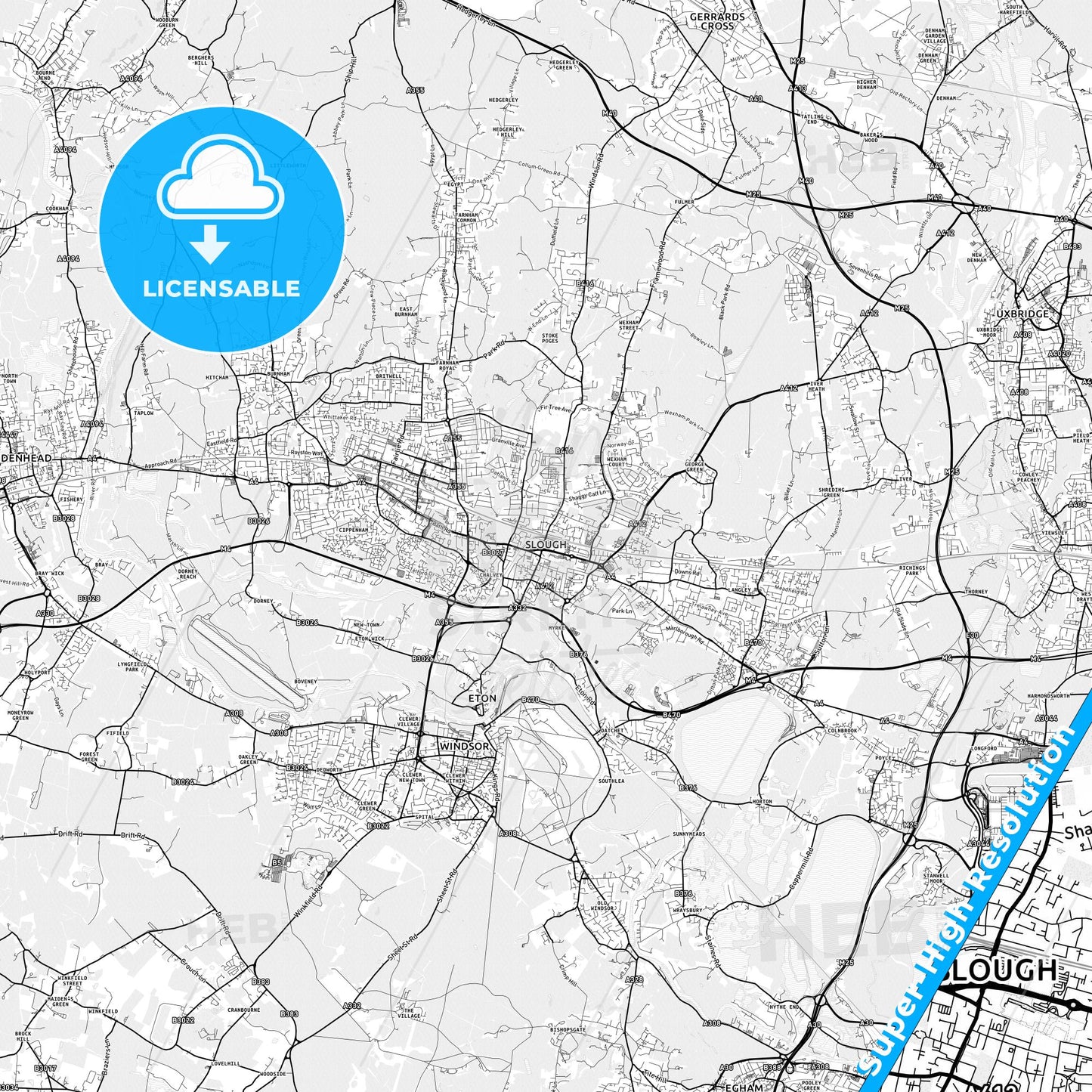 Slough, England light map with streetnames, citynames and districts
