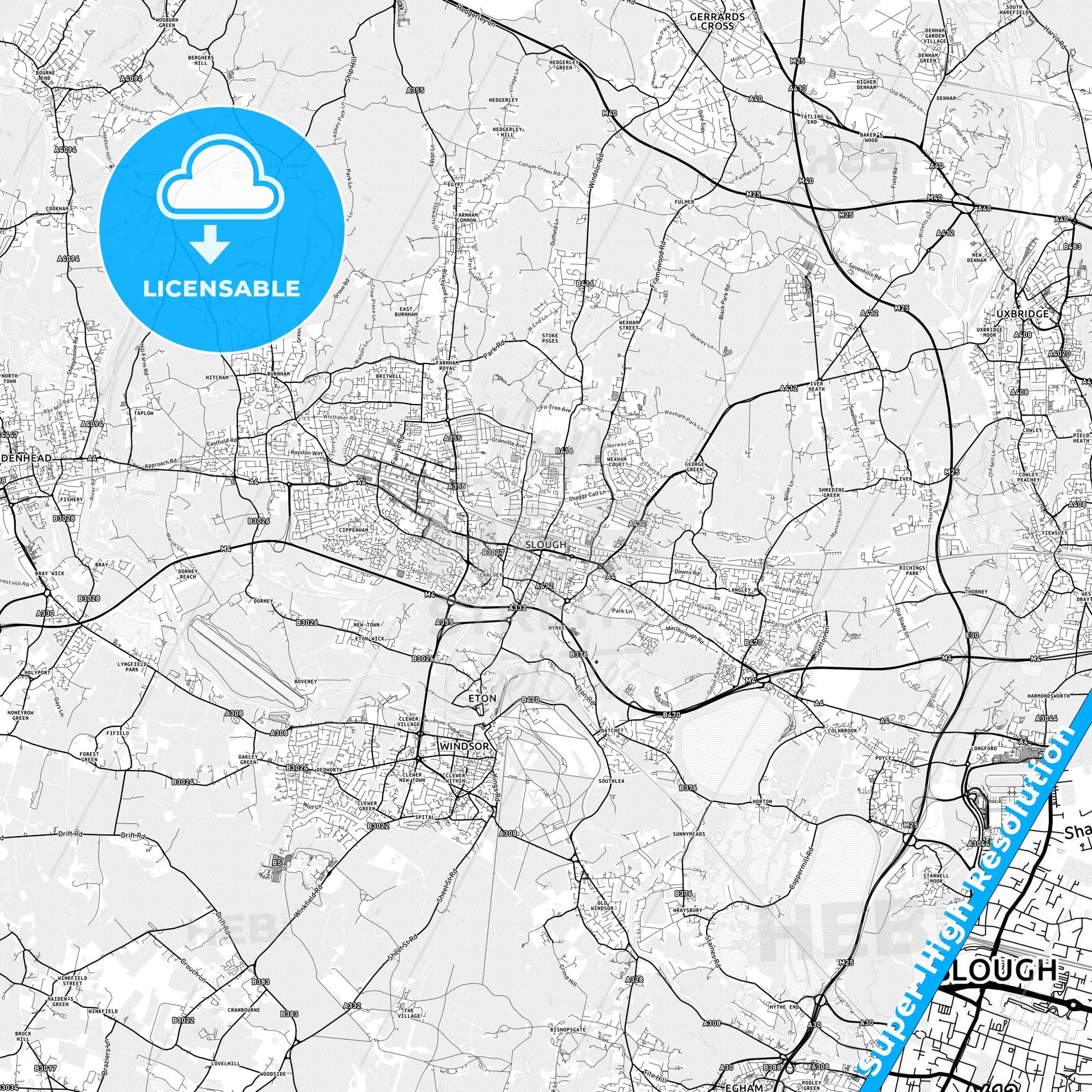 Slough, England light map with streetnames, citynames and districts