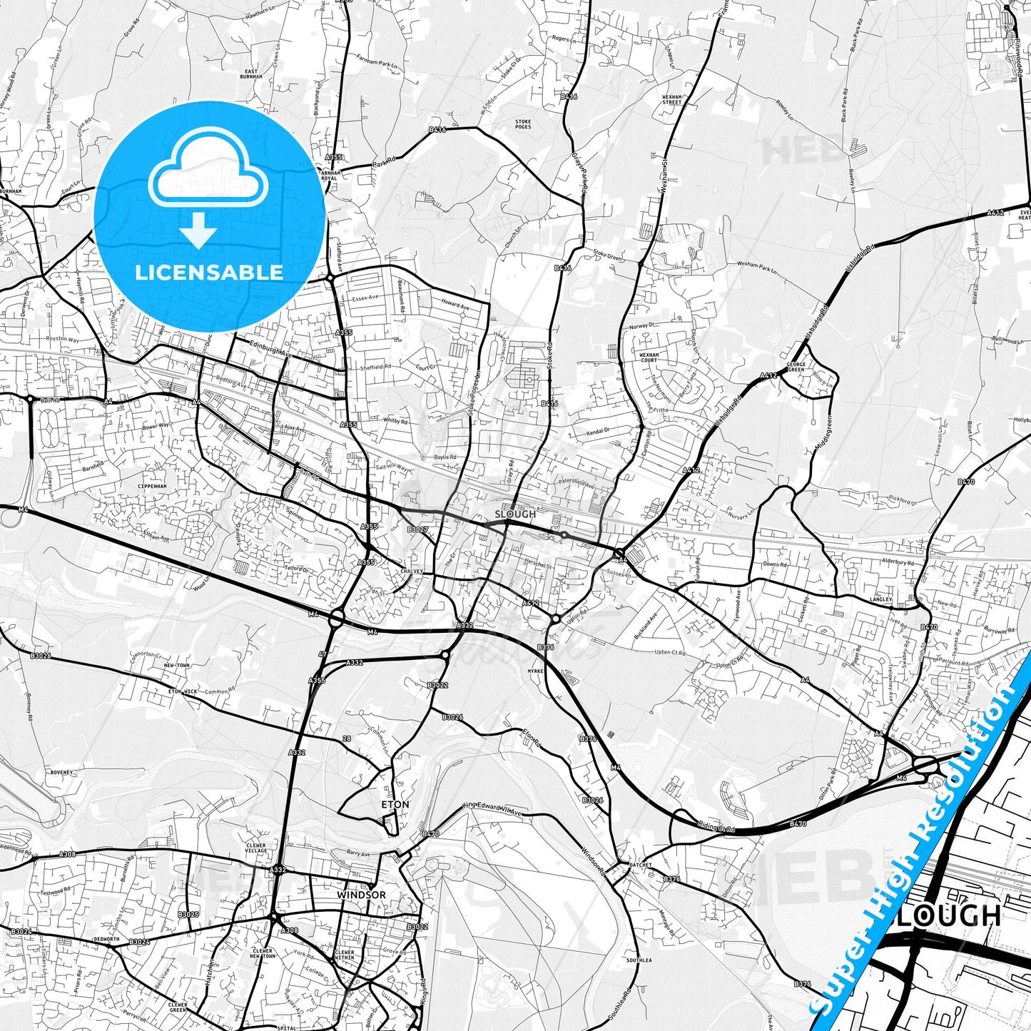 Slough, England Light Map with Street Names, City Names, and Districts