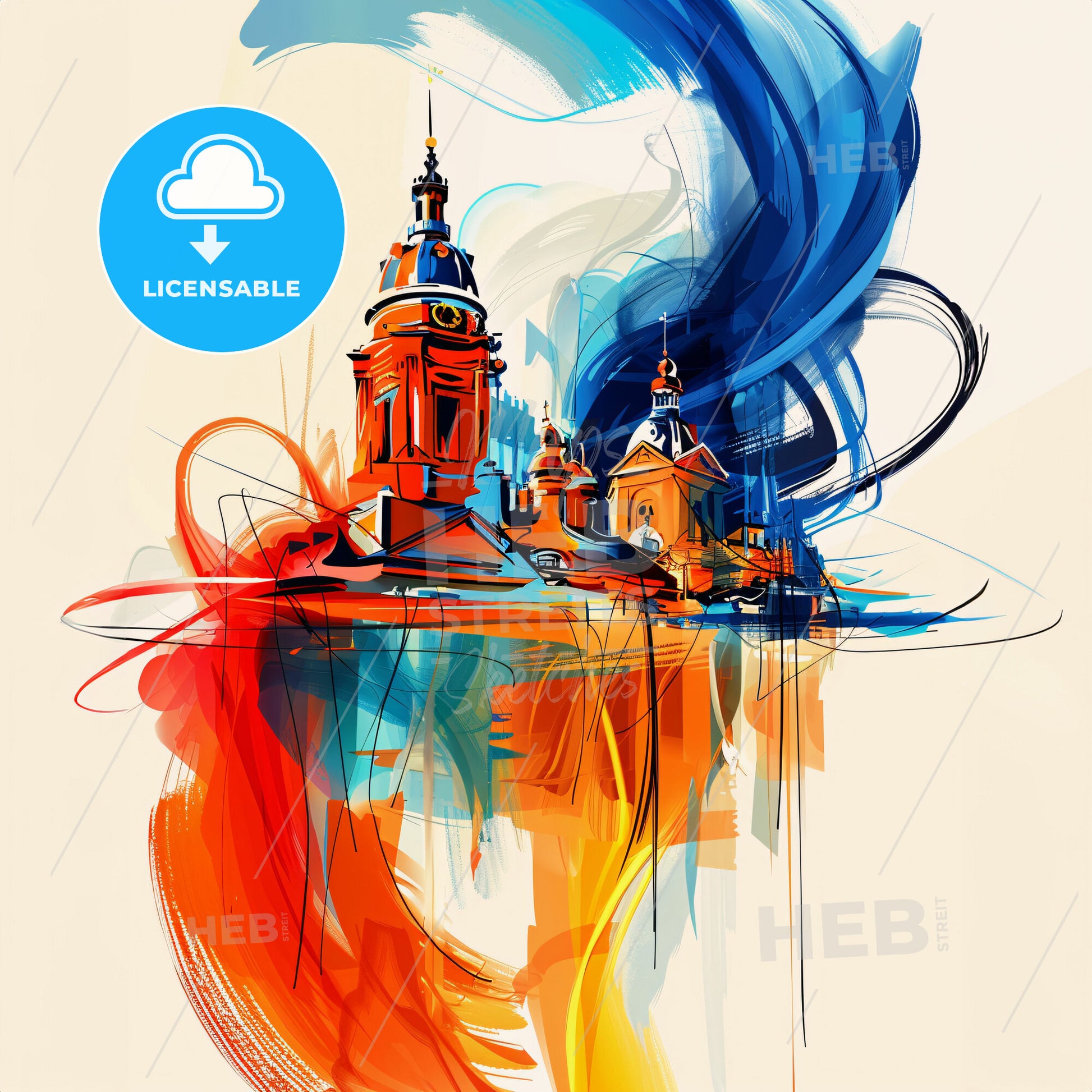 Vibrant Slough, England - A Painting Of A Building With A Tower And A Blue And Orange Swirl