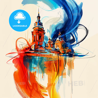 Vibrant Slough, England - A Painting Of A Building With A Tower And A Blue And Orange Swirl