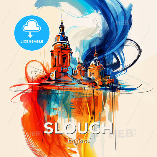 Vibrant Slough, England - A Painting Of A Building With A Tower And A Blue And Orange Swirl - Square format print template