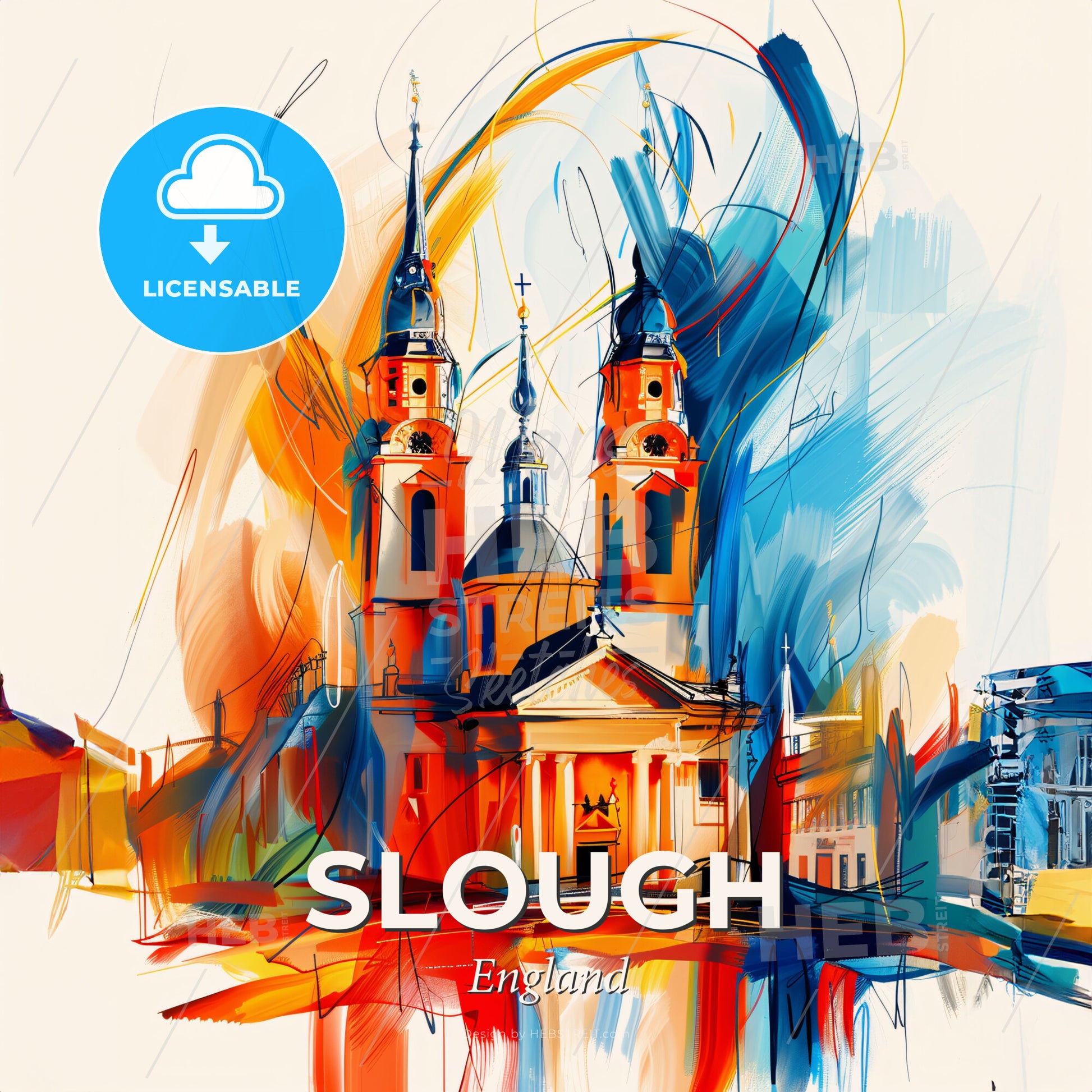 Vibrant Slough, England - A Painting Of A Building With Towers - Square format print template