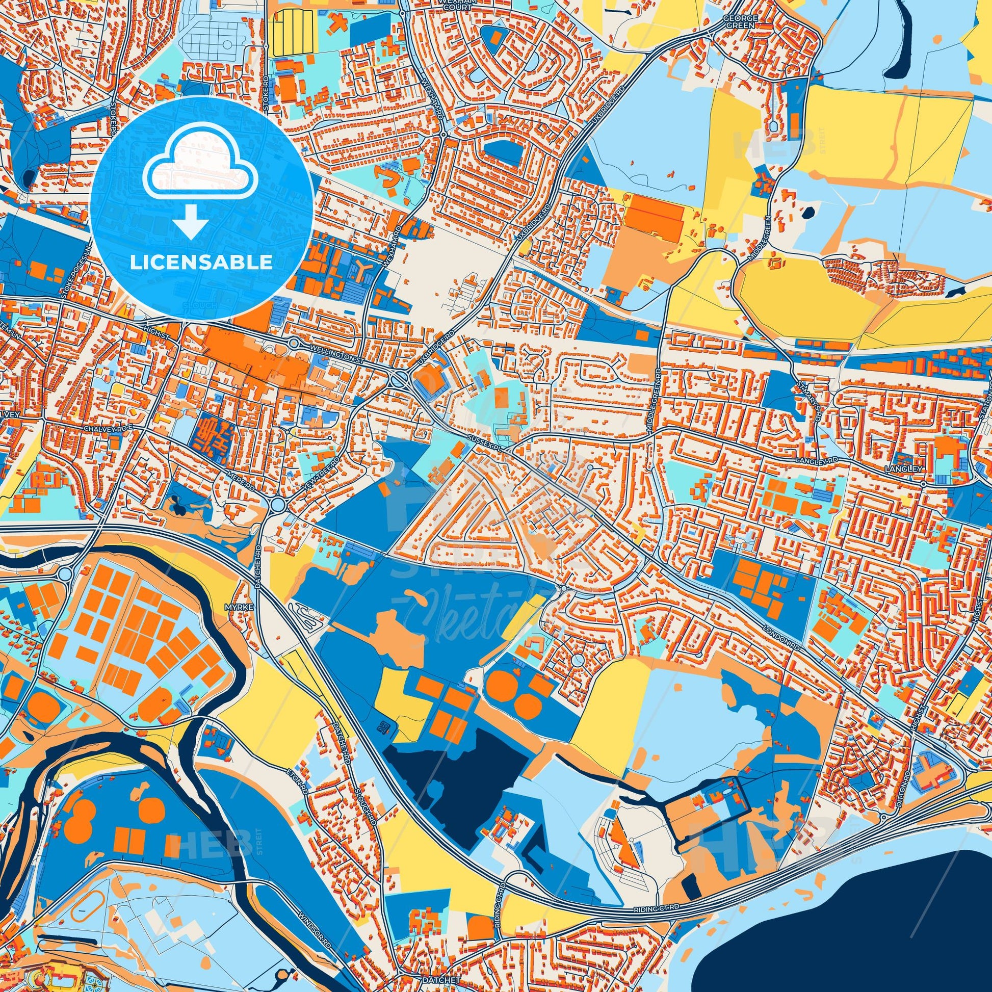 Colorful Slough Street Map with Labels and Buildings