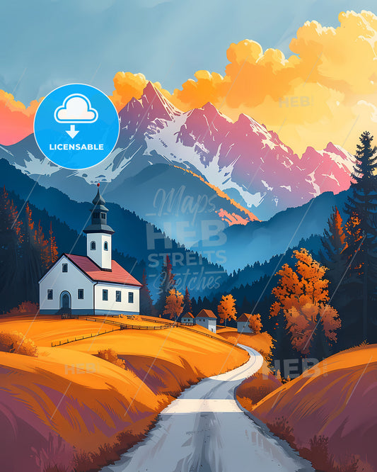 Vibrant Painting of a Road Leading to a Village Church in Slovakia, Europe