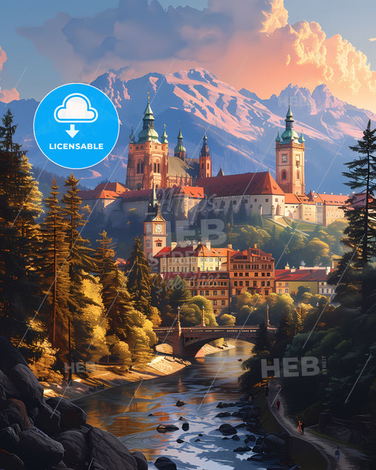 Artistic Impression of a Scenic Slovakian Town by a River with Castle and Mountains