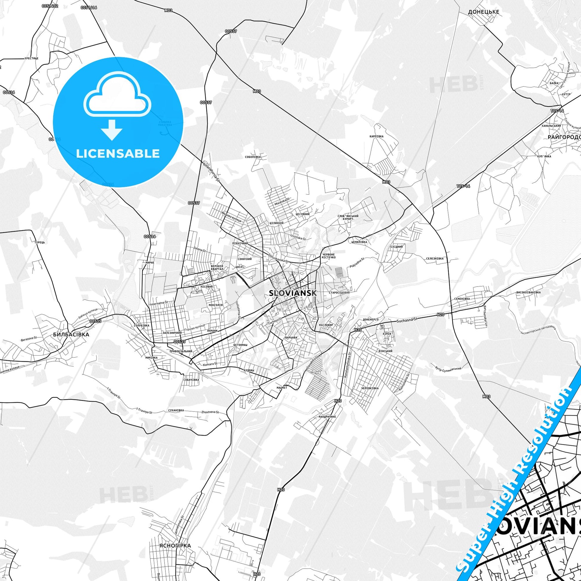 Sloviansk, Ukraine light map with streetnames, citynames and districts