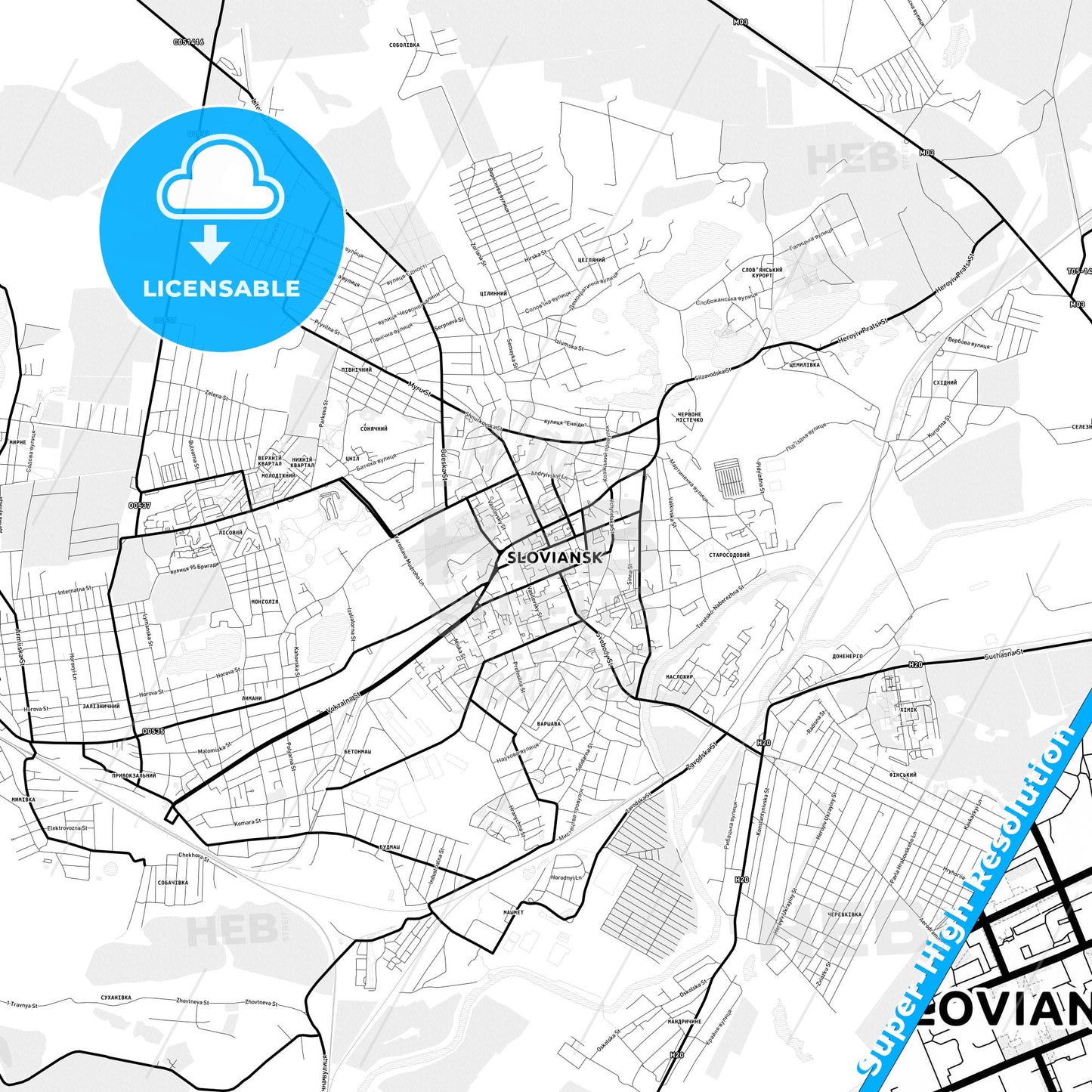 Sloviansk, Ukraine Light Map with Street Names, City Names, and Districts
