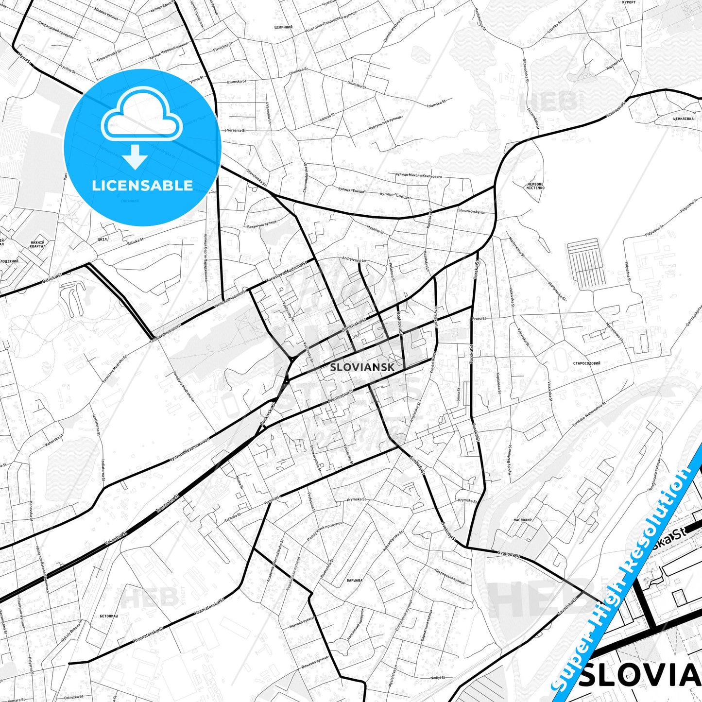 Sloviansk, Ukraine Light Map with Street Names, City Names, and Districts