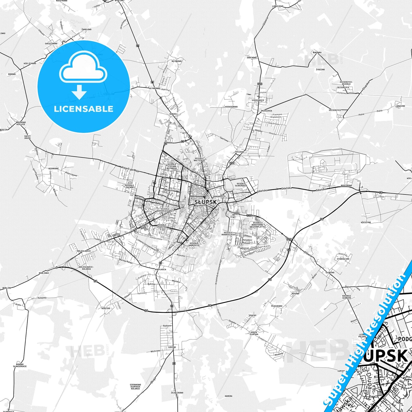 Słupsk, Poland light map with streetnames, citynames and districts