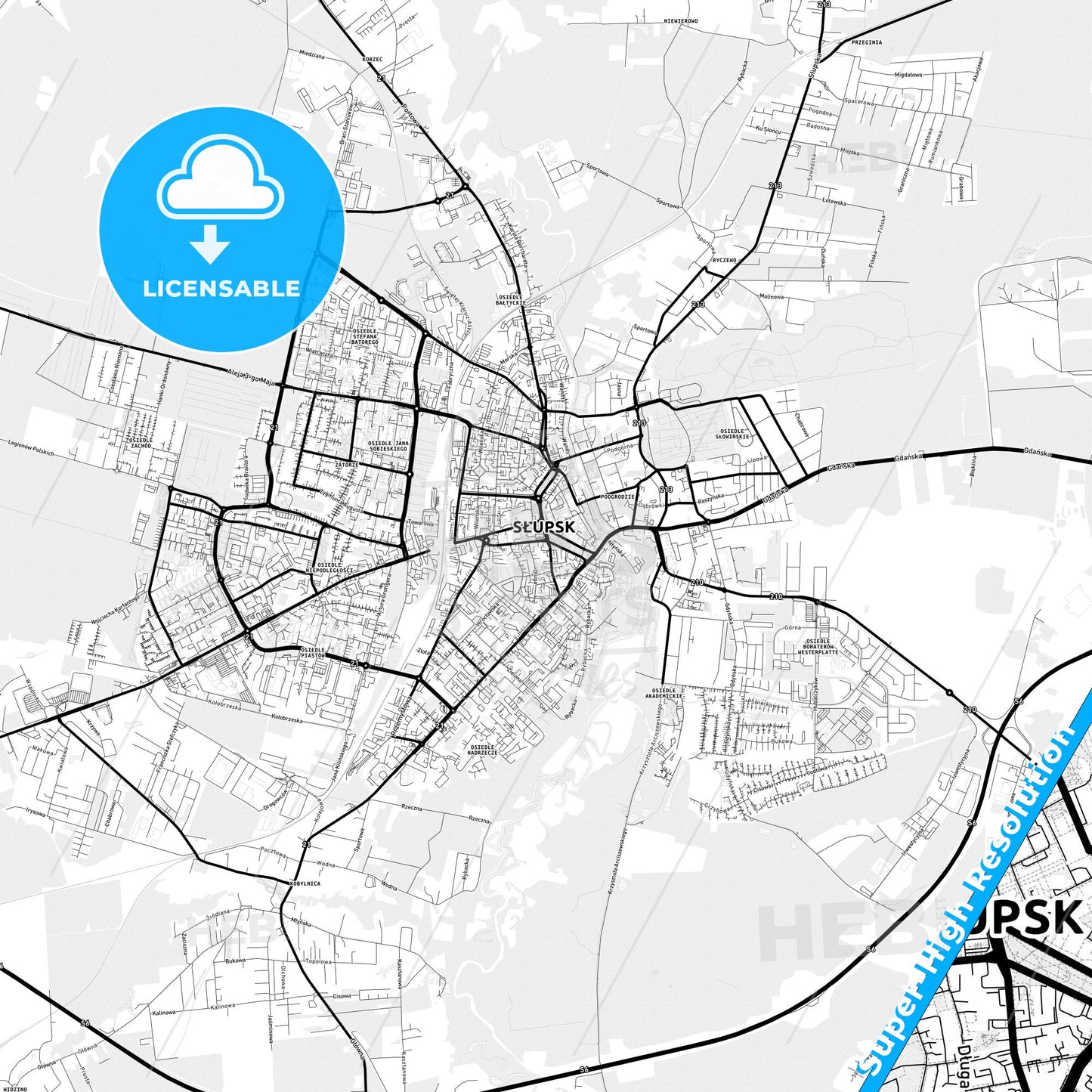 Słupsk, Poland Light Map with Street Names, City Names, and Districts