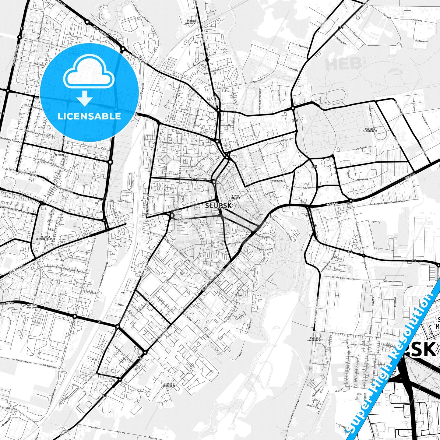 Słupsk, Poland Light Map with Street Names, City Names, and Districts