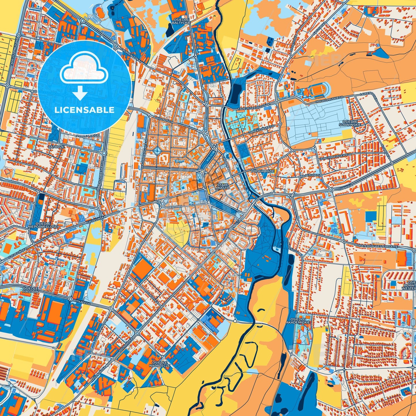 Colorful Słupsk Street Map with Labels and Buildings