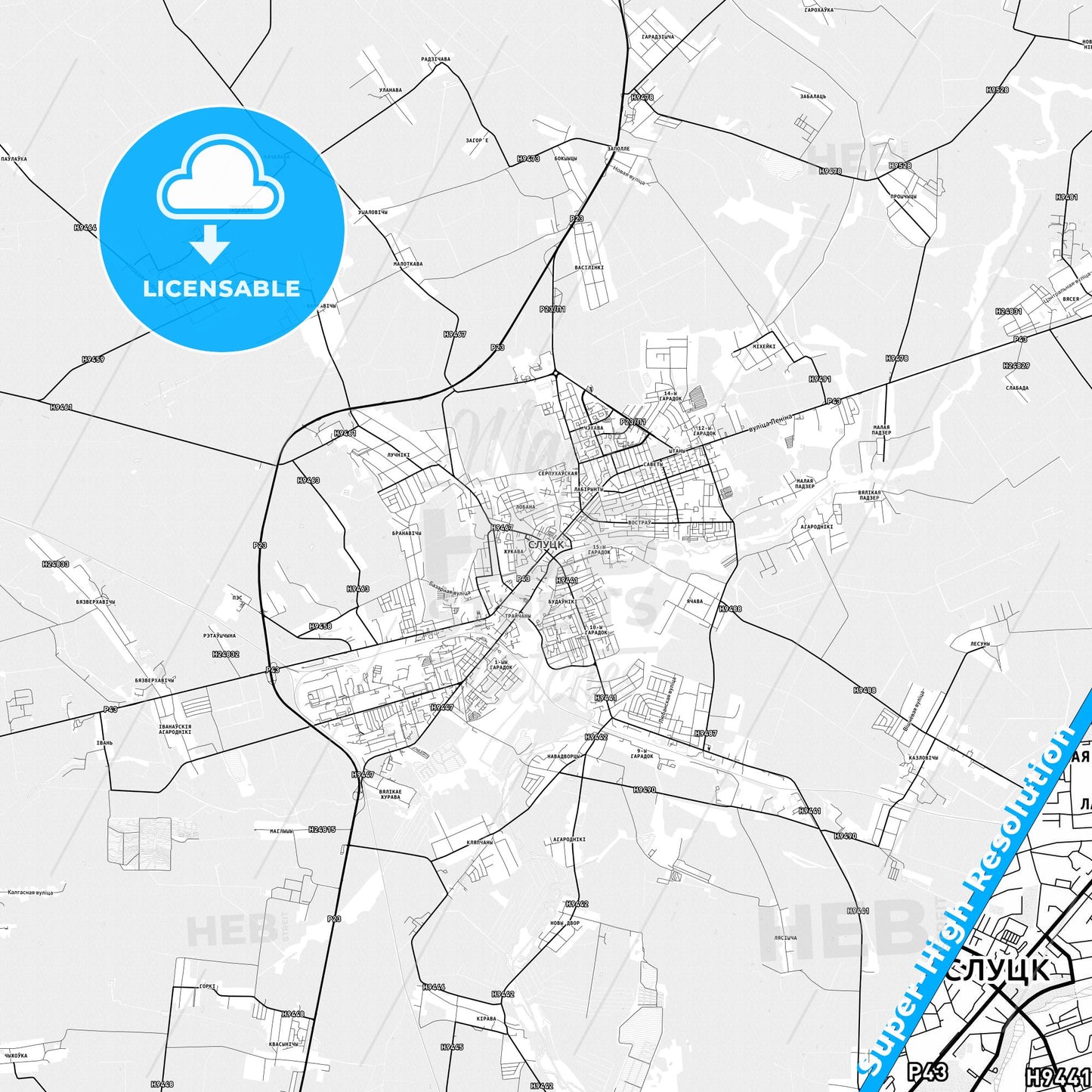 Slutsk, Belarus light map with streetnames, citynames and districts