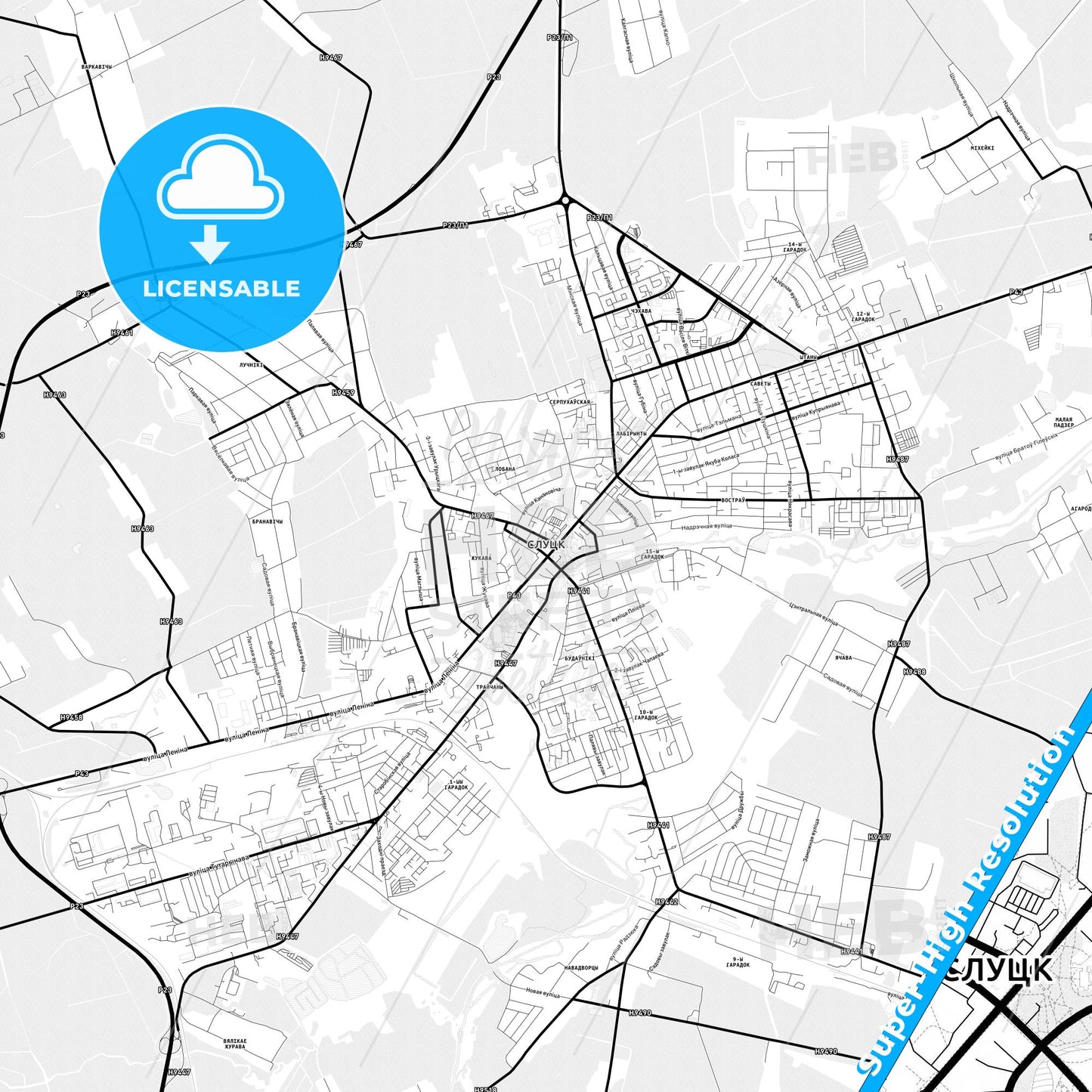 Slutsk, Belarus Light Map with Street Names, City Names, and Districts