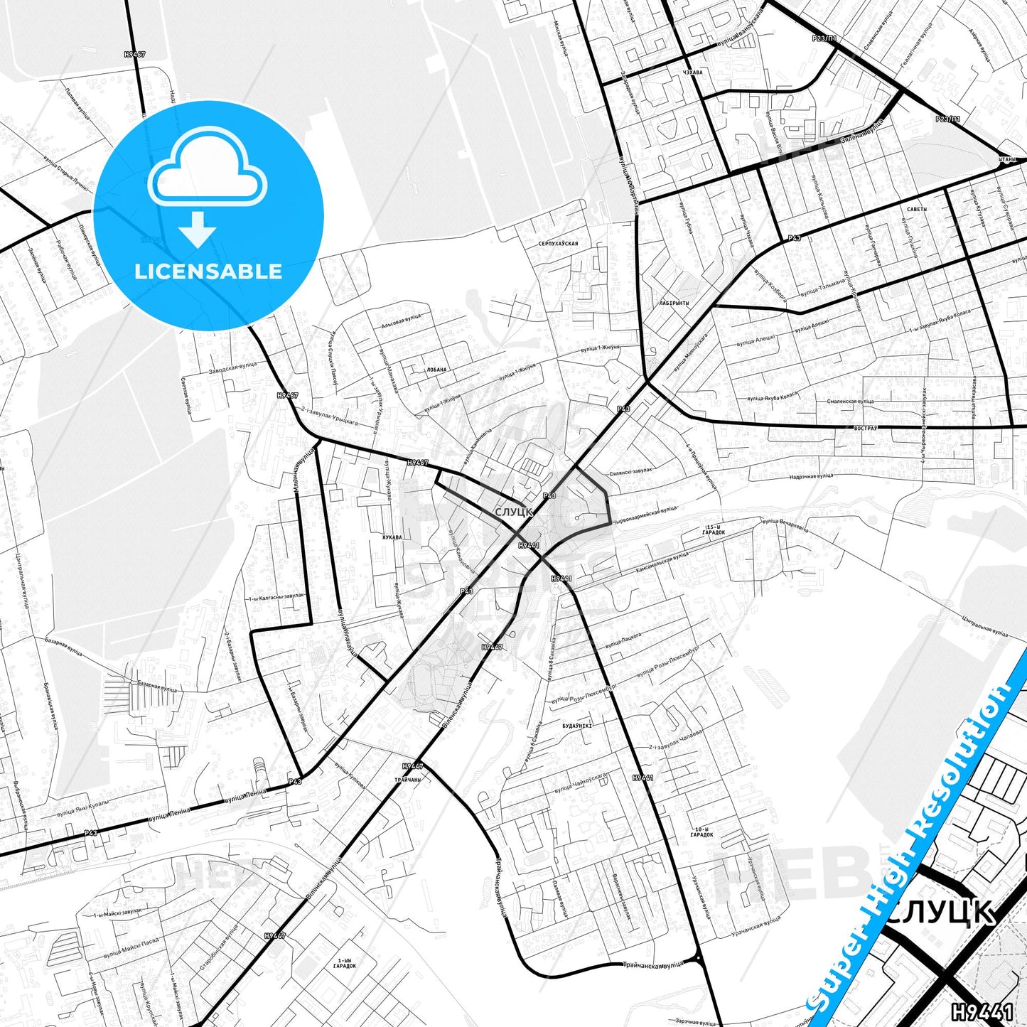 Slutsk, Belarus Light Map with Street Names, City Names, and Districts